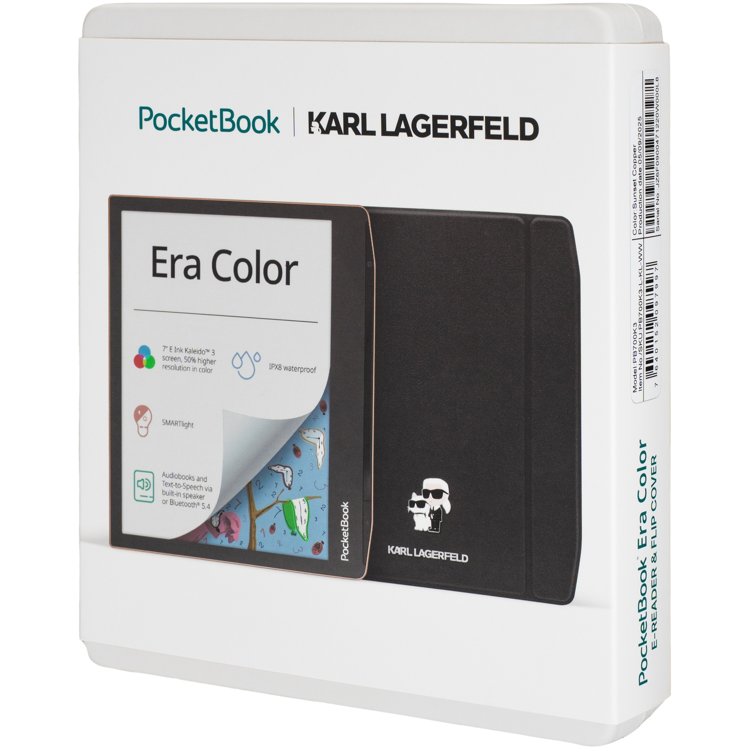 PocketBook Era Color e-reader verpakking met Karl Lagerfeld branding en flip cover.