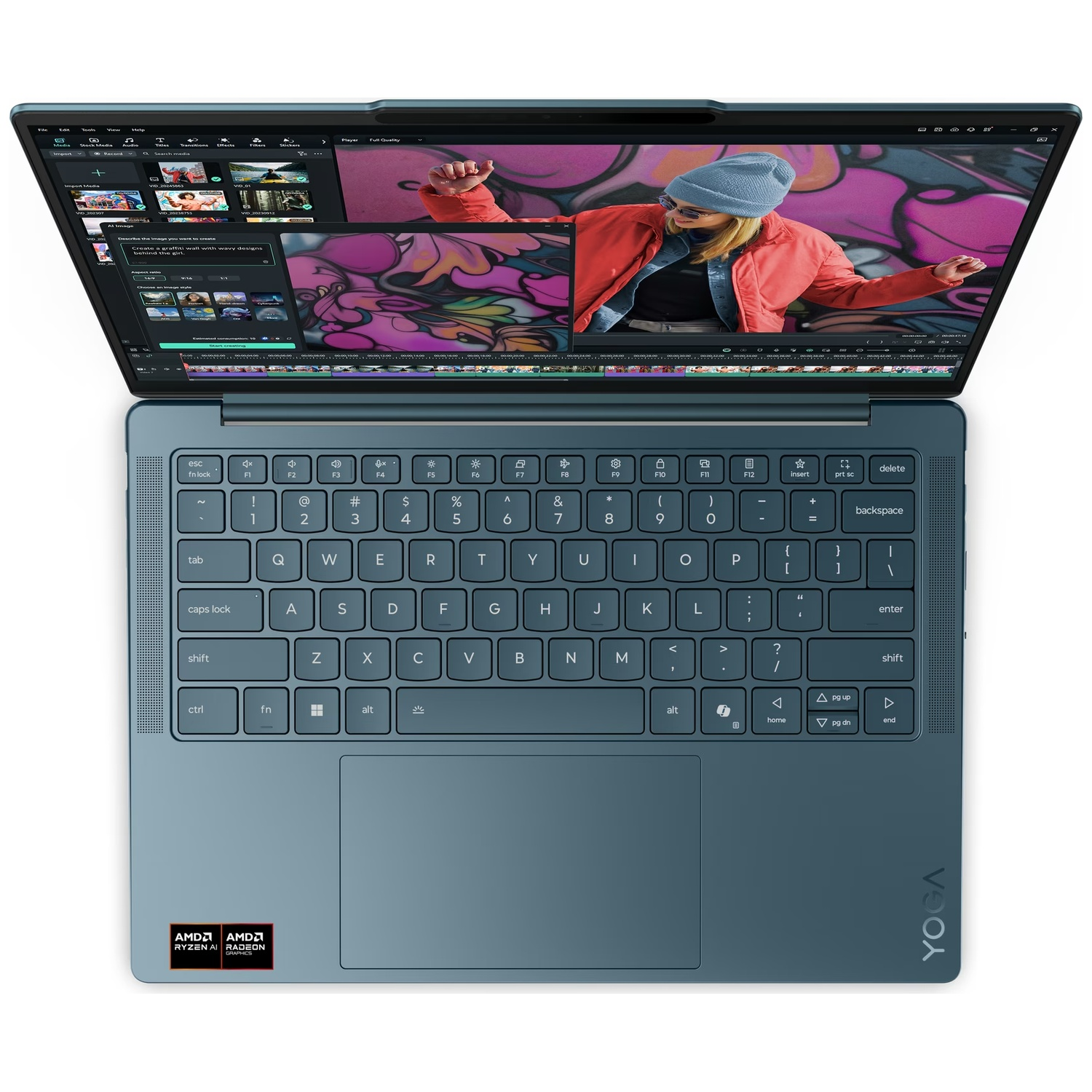 Bovenaanzicht van een blauwe laptop met videobewerkingssoftware op het scherm.