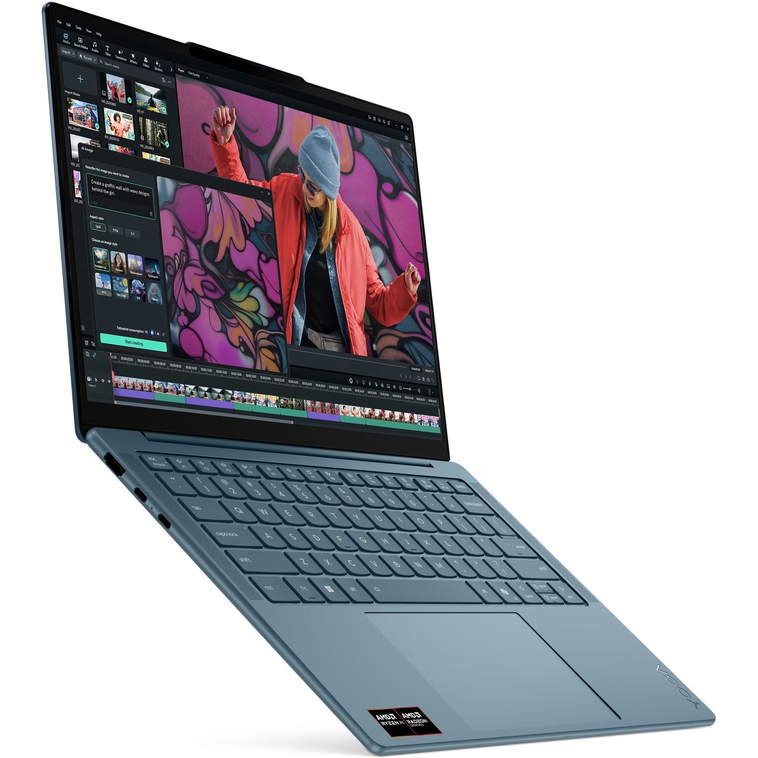 Een blauwe laptop toont videobewerkingssoftware op het scherm met kleurrijke graffitibeelden.