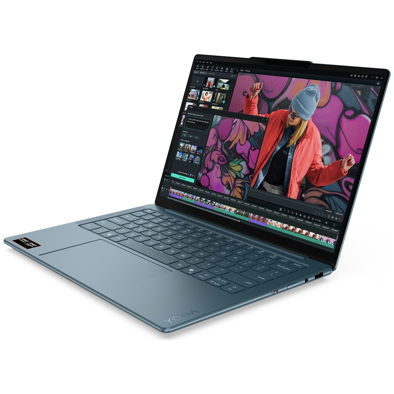 Een blauwe laptop toont videobewerkingssoftware met een vrouw in een rode jas voor graffiti.