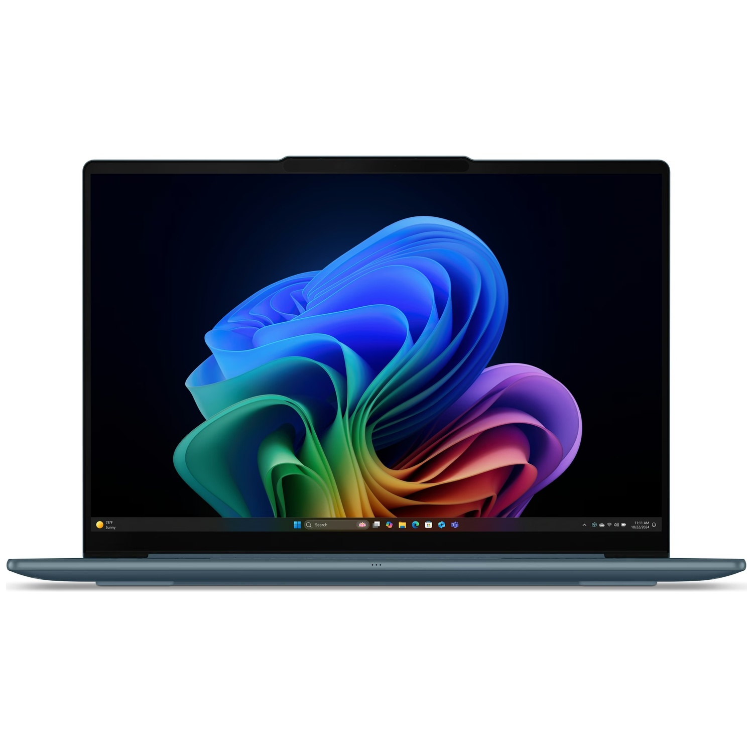Vooraanzicht van een blauwe laptop met een kleurrijke, gebogen abstracte achtergrond.