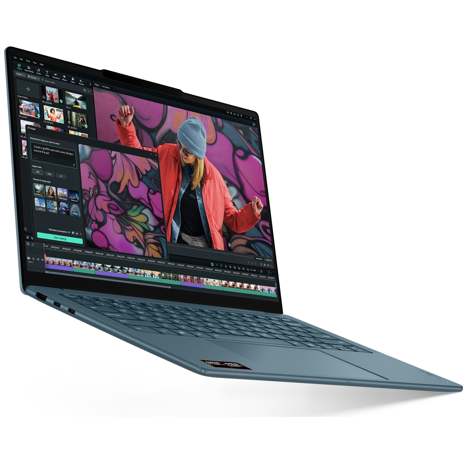 Een blauwe laptop met een open scherm toont videobewerkingssoftware en een afbeelding van een vrouw voor graffiti.
