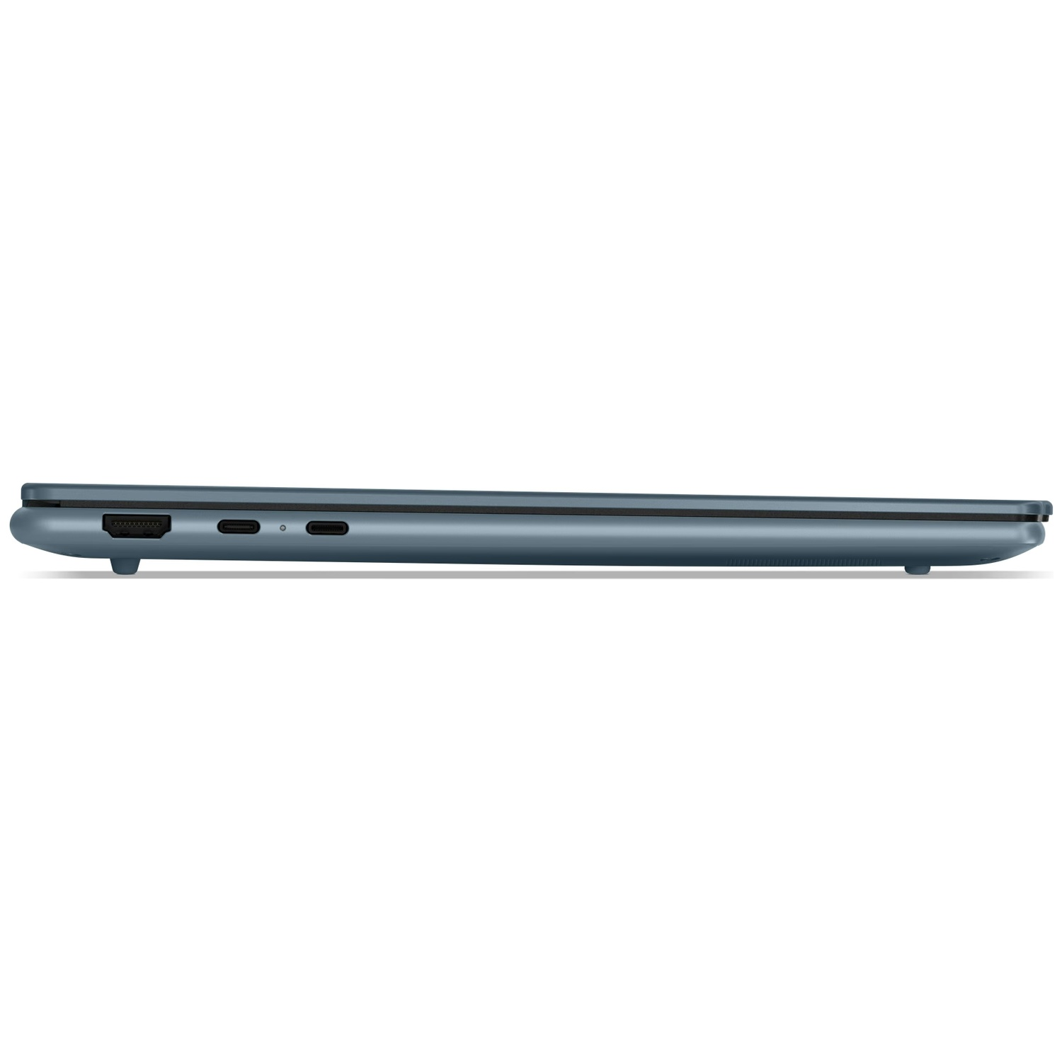 Linkerzijkant van een blauwe laptop met HDMI- en USB-C-poorten.