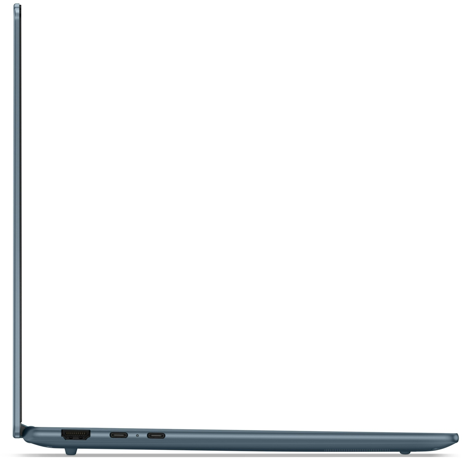 Linkszijde van een blauwe laptop met verschillende poorten op een wit oppervlak.