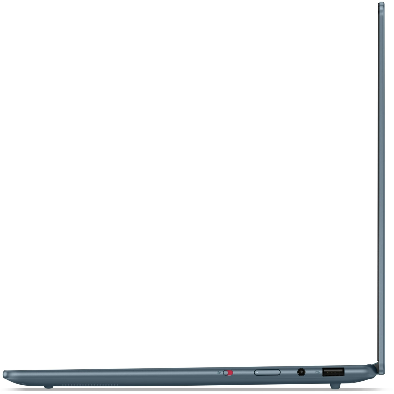 Zijaanzicht van een blauwe laptop met verschillende poorten op een witte achtergrond.