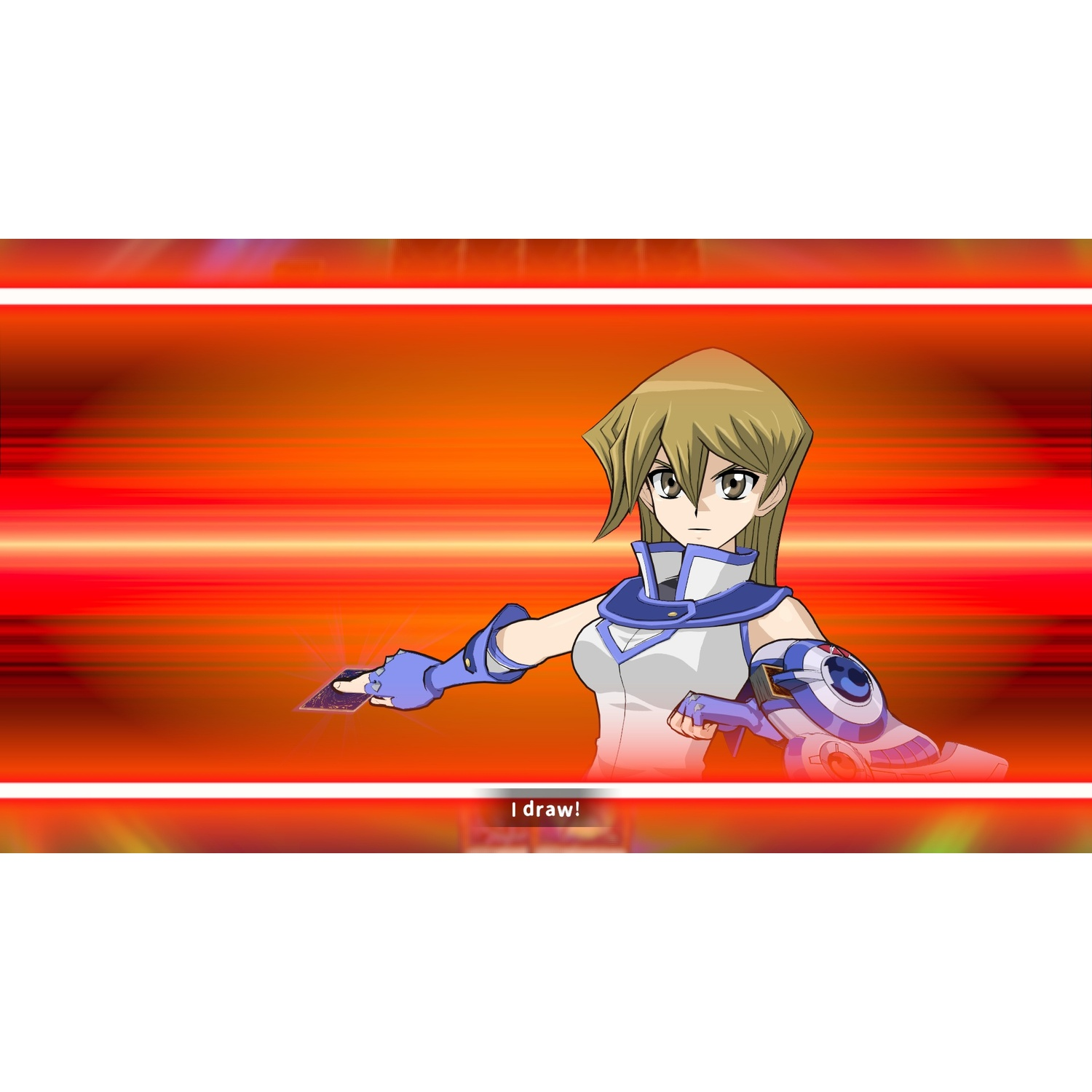 Anime vrouw in wit-blauw uniform houdt een kaart voor een rode achtergrond, met 'I draw!' onderaan.