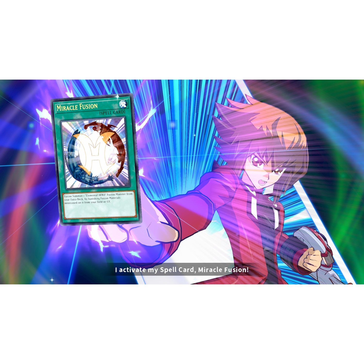 Een anime-personage houdt de Miracle Fusion spreukkaart omhoog, omringd door blauwe en paarse lichtstralen.