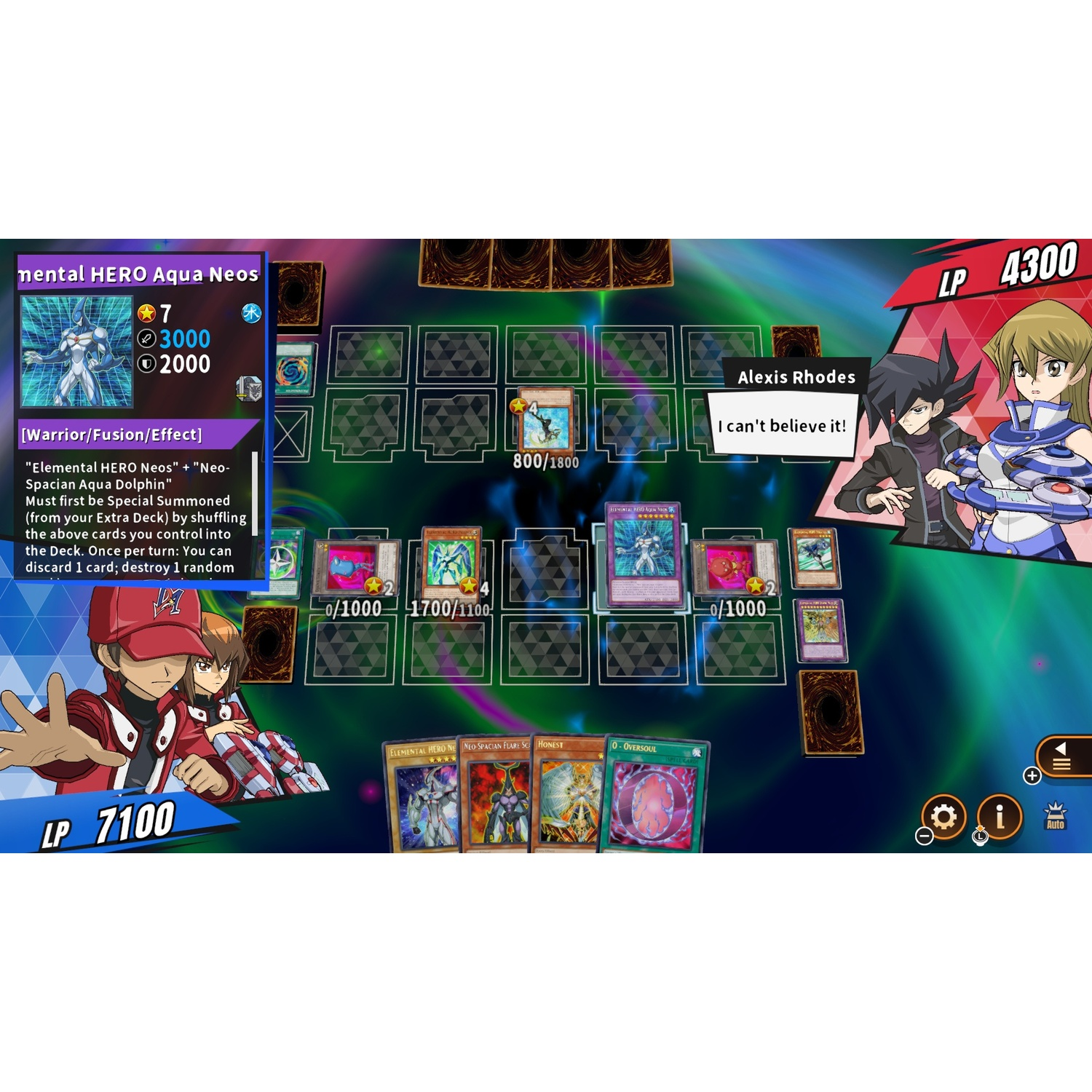 Een digitaal Yu-Gi-Oh kaartspel gevecht met personages en levenspunten.
