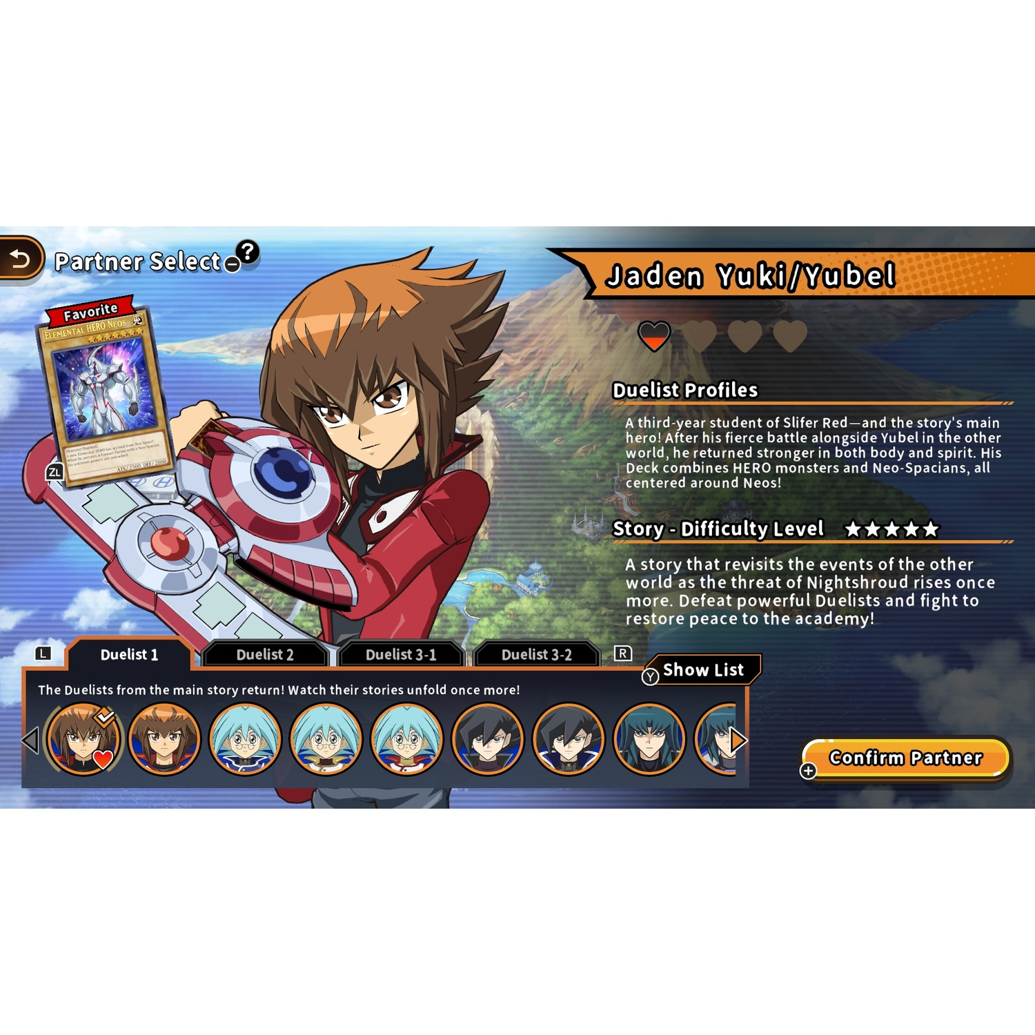 Karakterscherm met Jaden Yuki en Yubel in een videogamemenu met partnerselectie en beschrijving.
