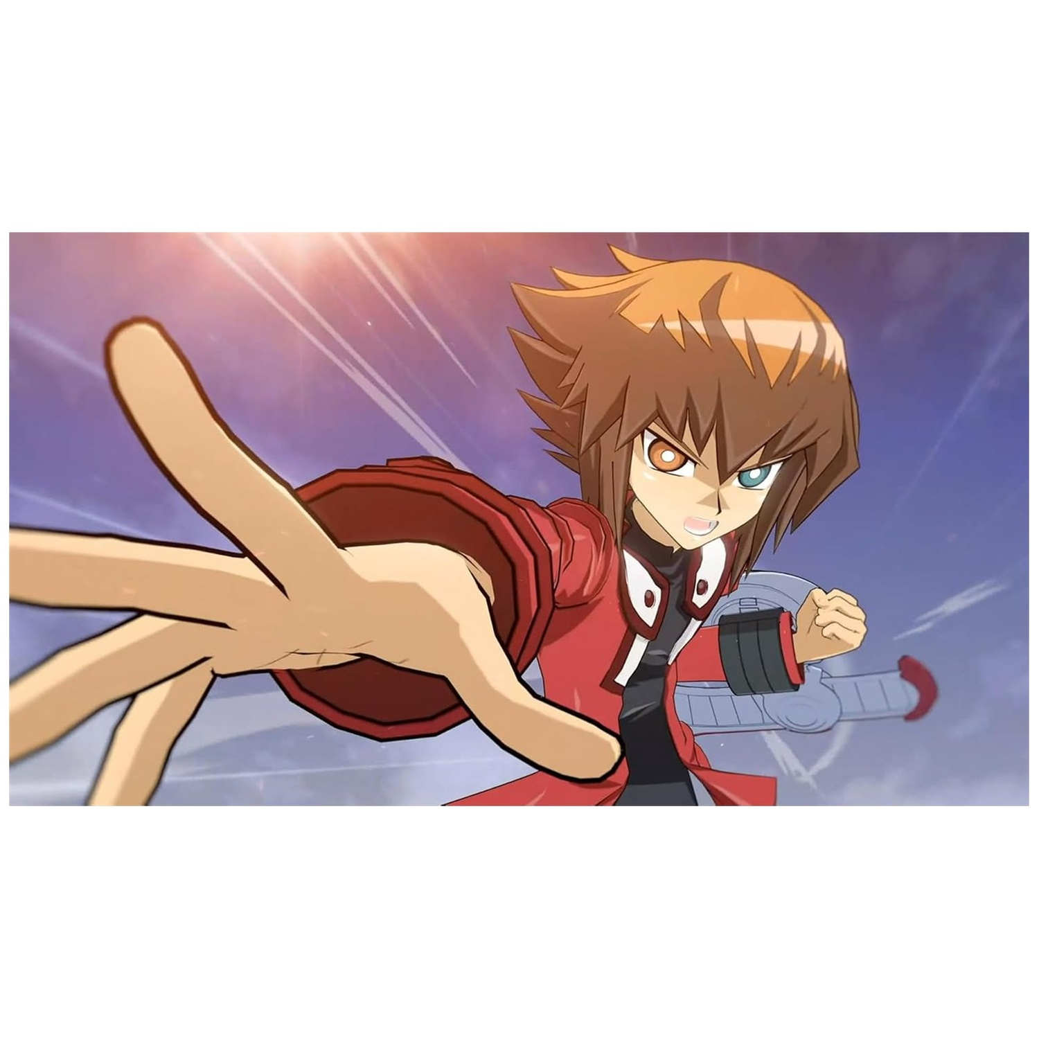 Anime-personage met bruin haar en een rode jas steekt hand uit.