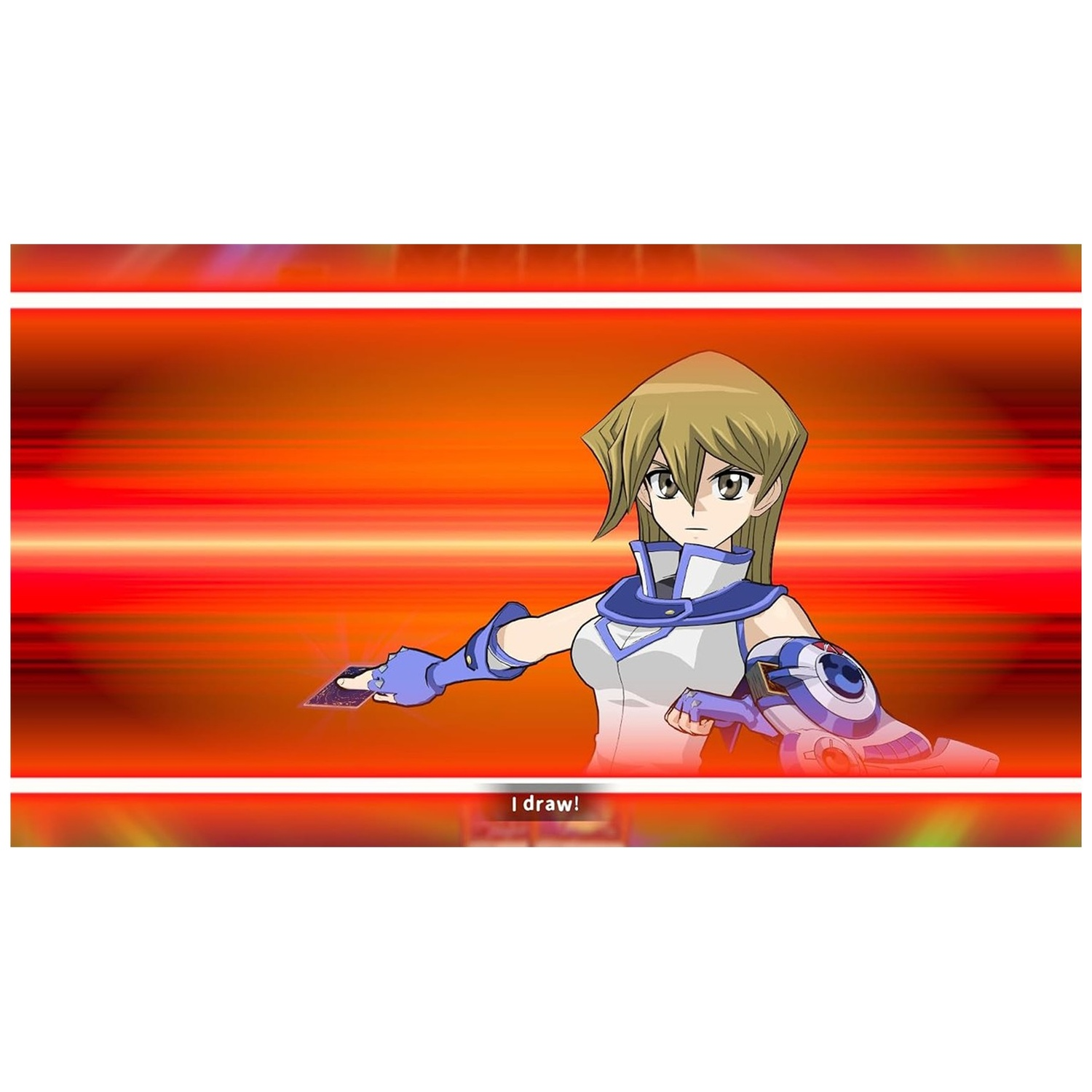 Anime-personage trekt een kaart met een dueldisk tegen een rode achtergrond, met het bijschrift Ik trek!