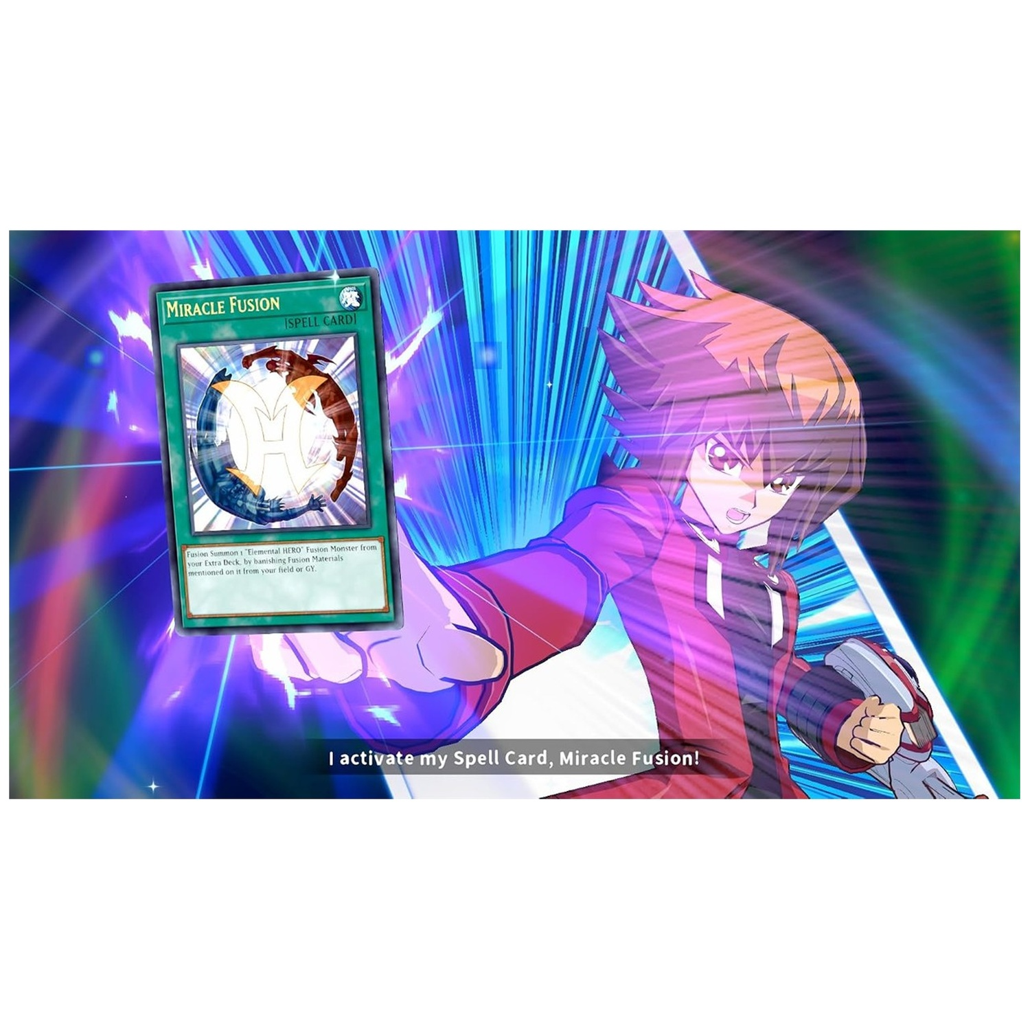 Een anime-personage houdt de Miracle Fusion-spreukkaart omhoog tegen een levendige blauw en paars gloeiende achtergrond.