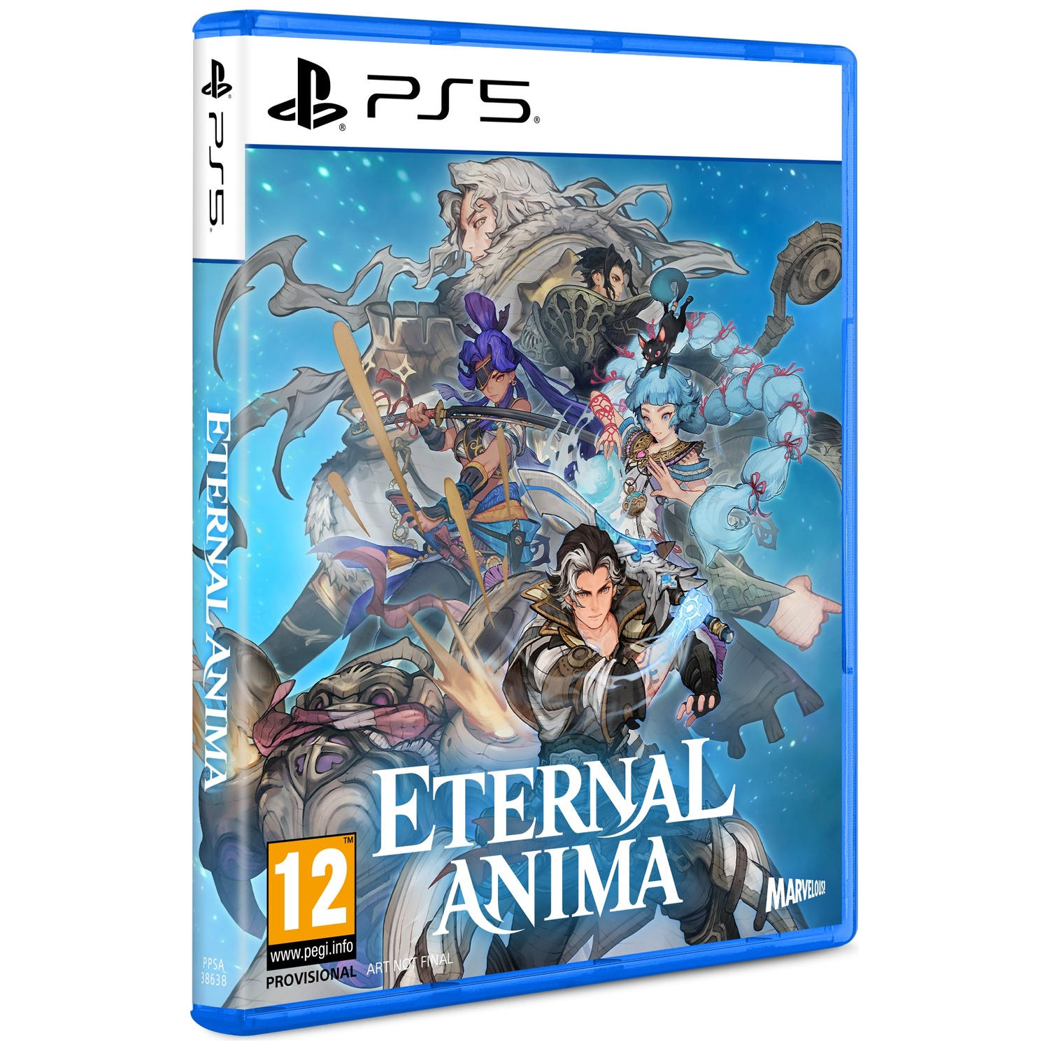 PlayStation 5-gamehoesje voor Eternal Anima met anime-personages op een blauwe achtergrond en PEGI 12.