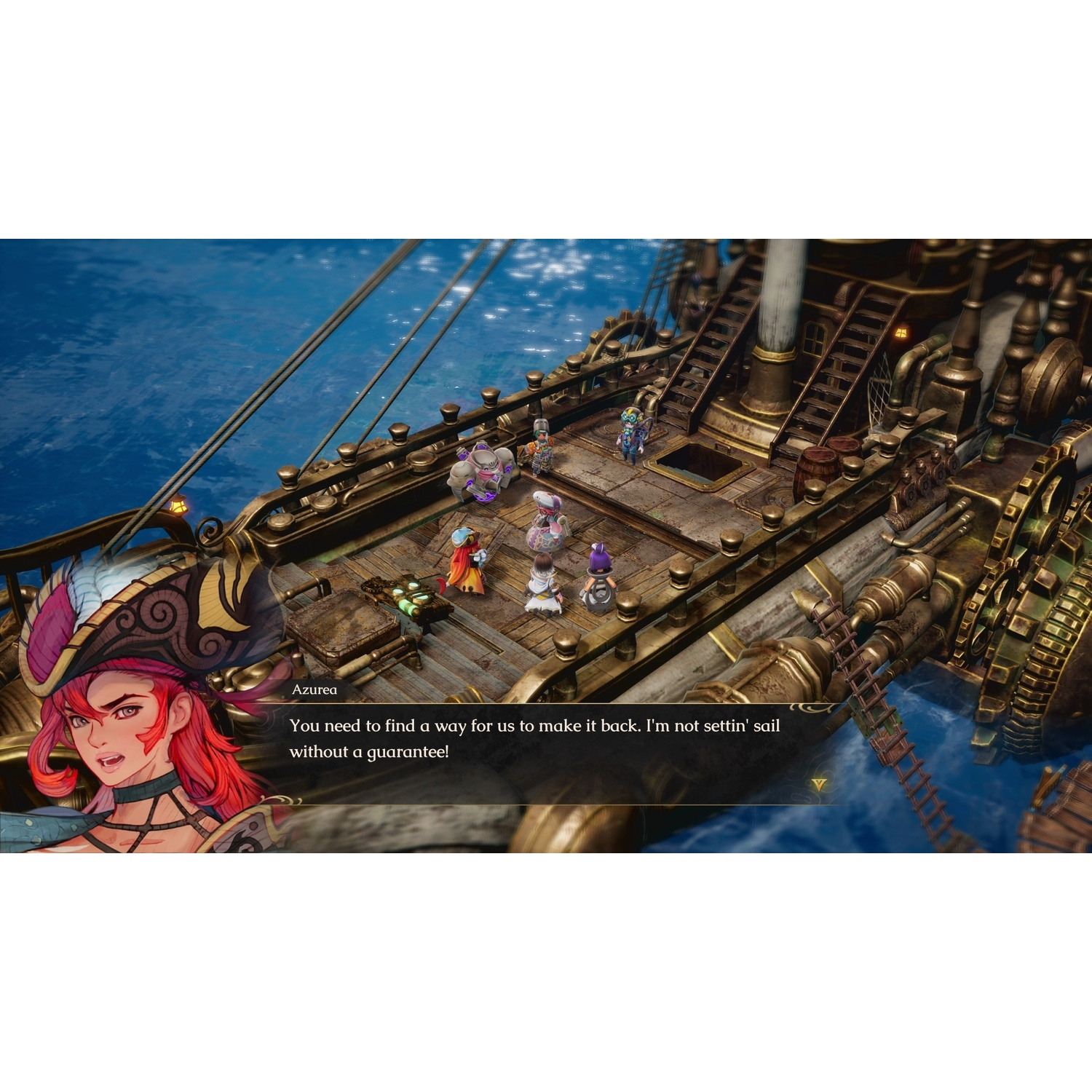 Een videogamescreenshot toont kleine personages op een houten scheepsdek met een dialoogvenster.