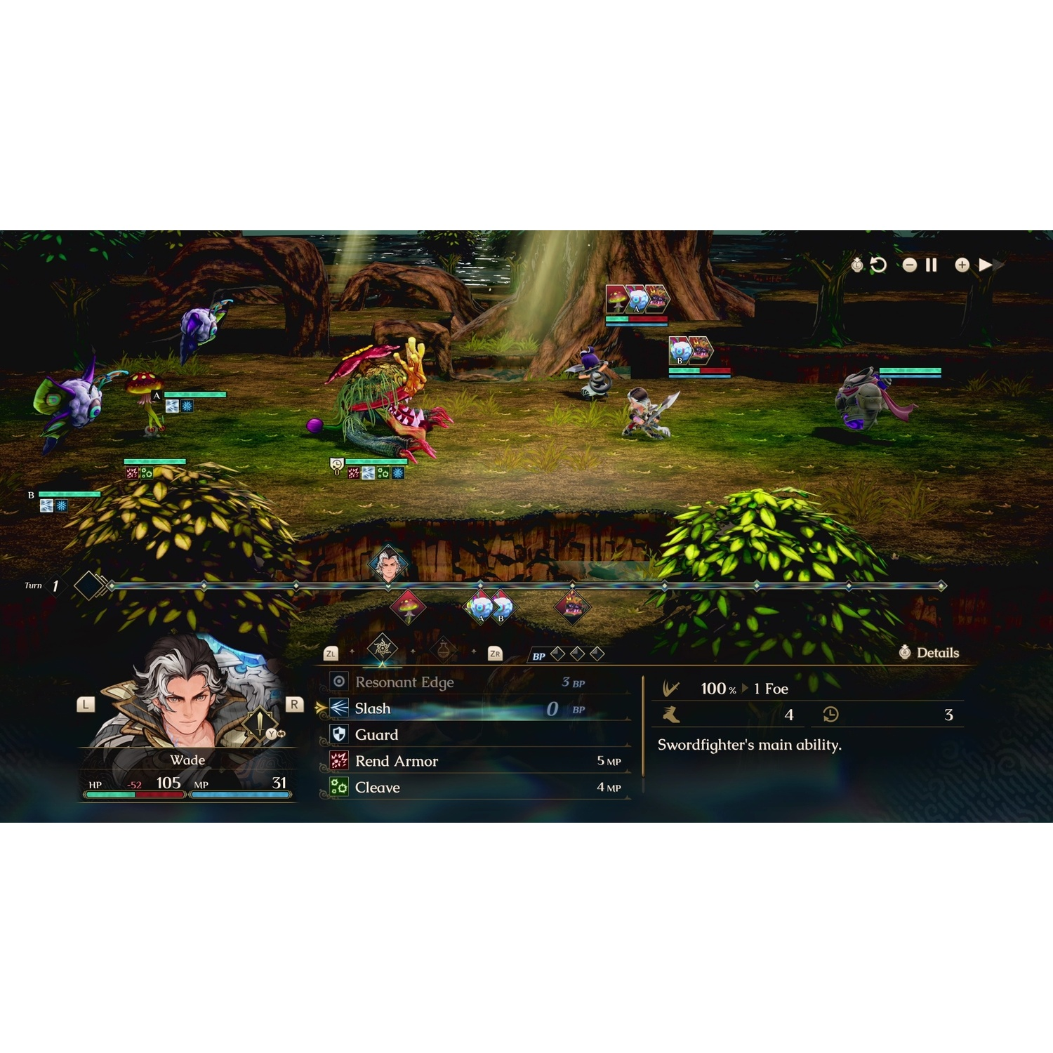 RPG-vechtscherm met personage Wade, menu's en wezens in een bos.