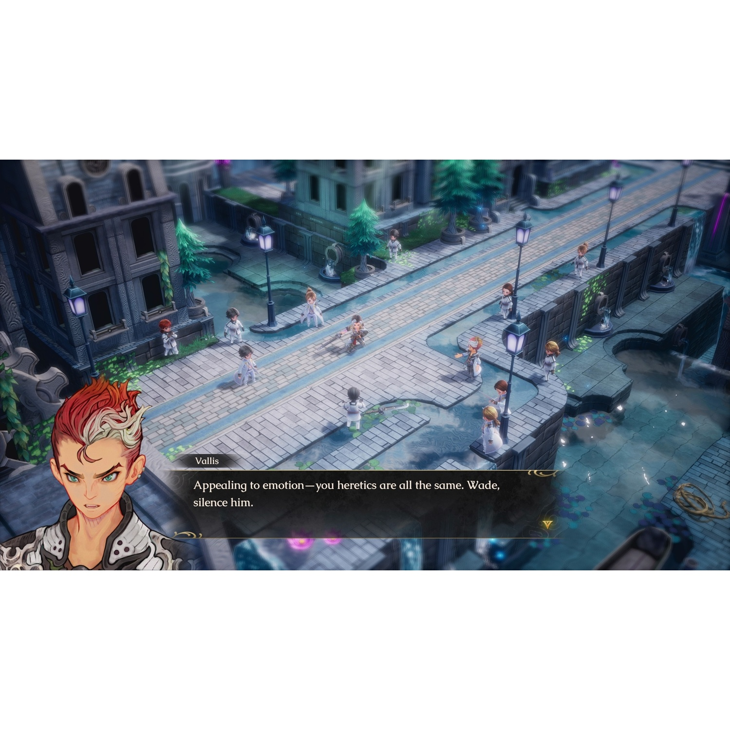 Een dialoogscène uit een RPG met het personage Vallis en kleine figuren die over stenen paden lopen.