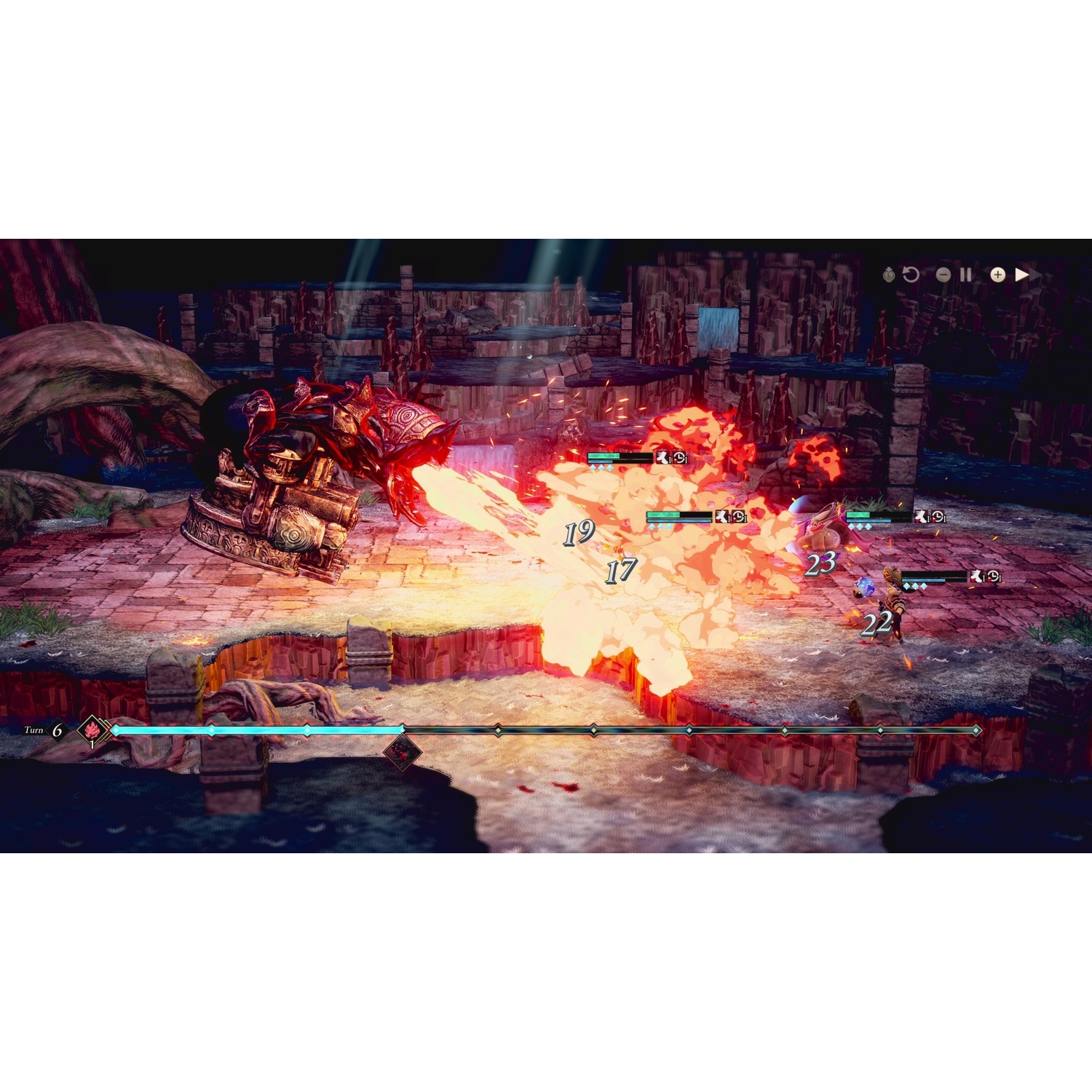 Een videogamestrijd toont een rood monster dat vuur spuwt naar personages op een stenen terras.