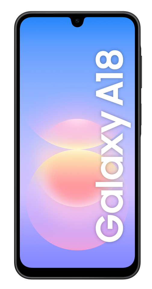Smartfon z napisem Galaxy A18 na ekranie.