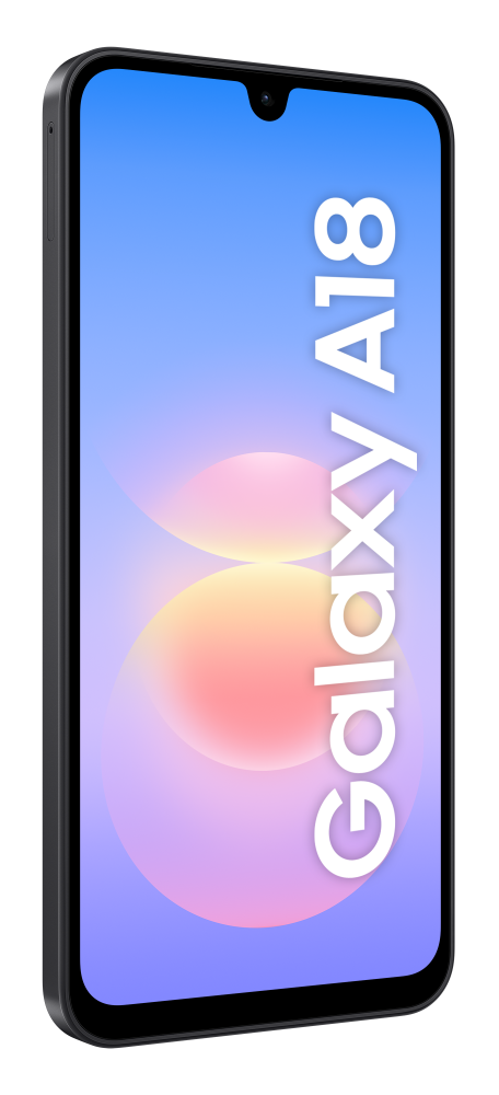 Smartfon Galaxy A18 z niebieskim gradientem ekranu i pionowo nadrukowanym tekstem na czarnym tle.