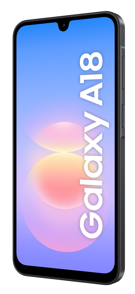 Czarny smartfon z niebieskim ekranem wyświetlającym napis Galaxy A18 na czarnym tle.