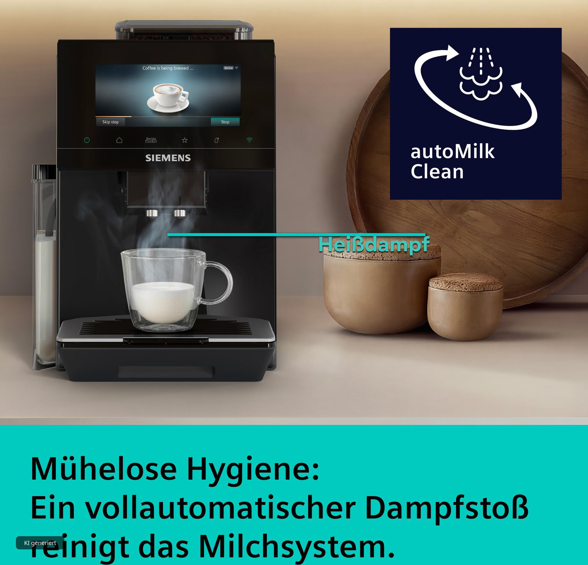 Eine schwarze Siemens-Kaffeemaschine brüht Milch, neben Keramikdosen und einem autoMilk Clean-Symbol.