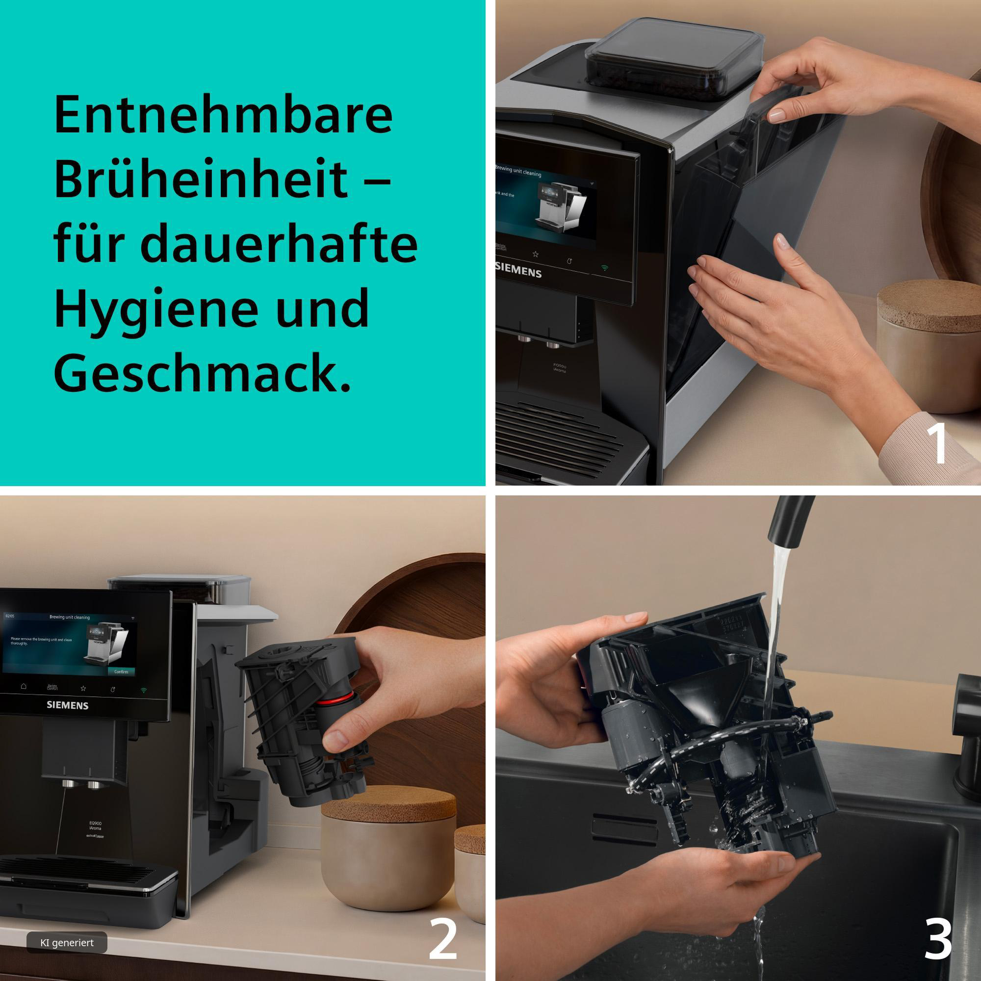 Schritte zeigen das Entnehmen, Halten und Abspülen einer Siemens Kaffeevollautomat-Brühinheit unter Wasser.