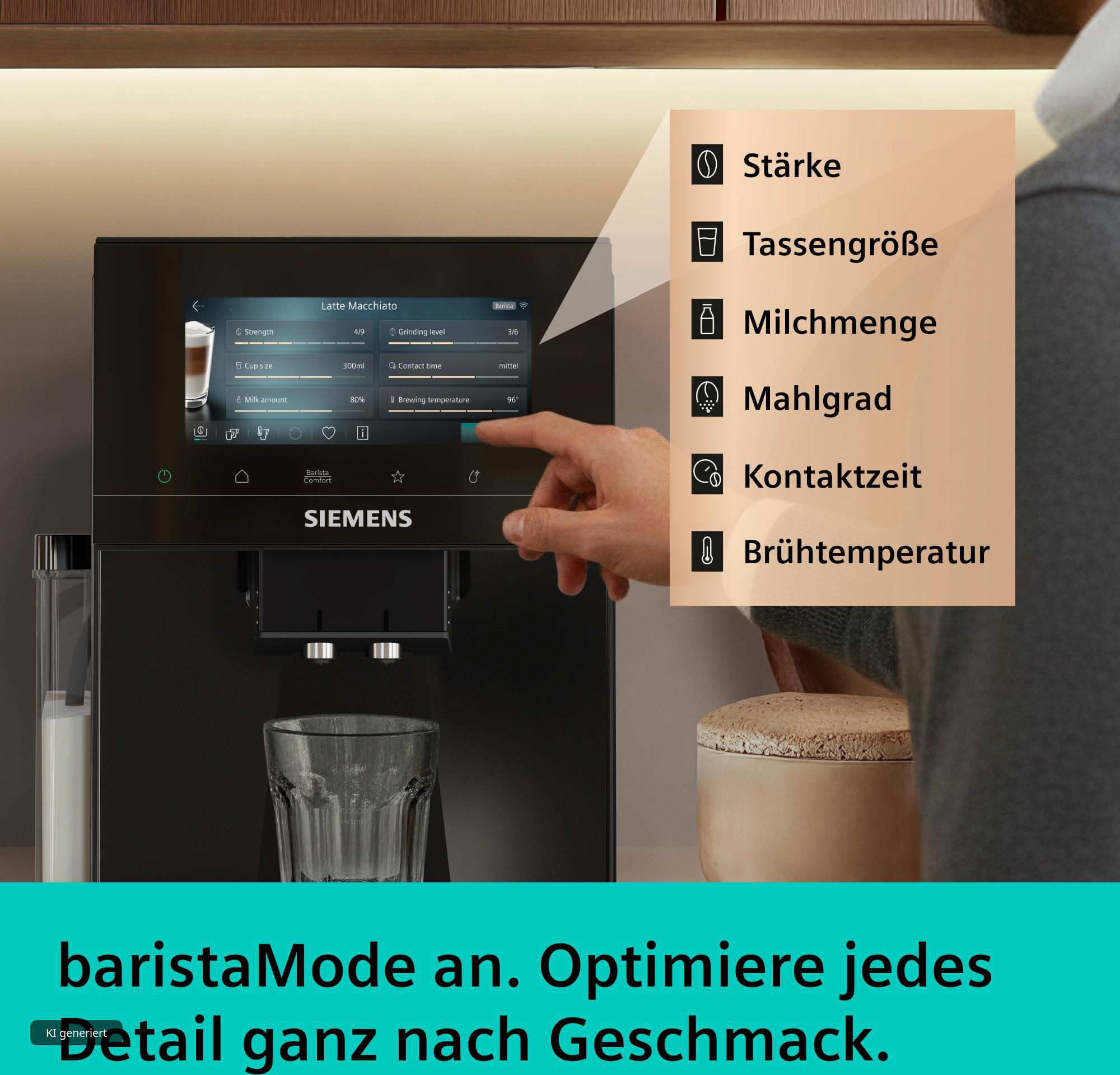 Hand bedient Siemens Kaffeevollautomat mit Touchscreen und angezeigten Barista-Einstellungen.