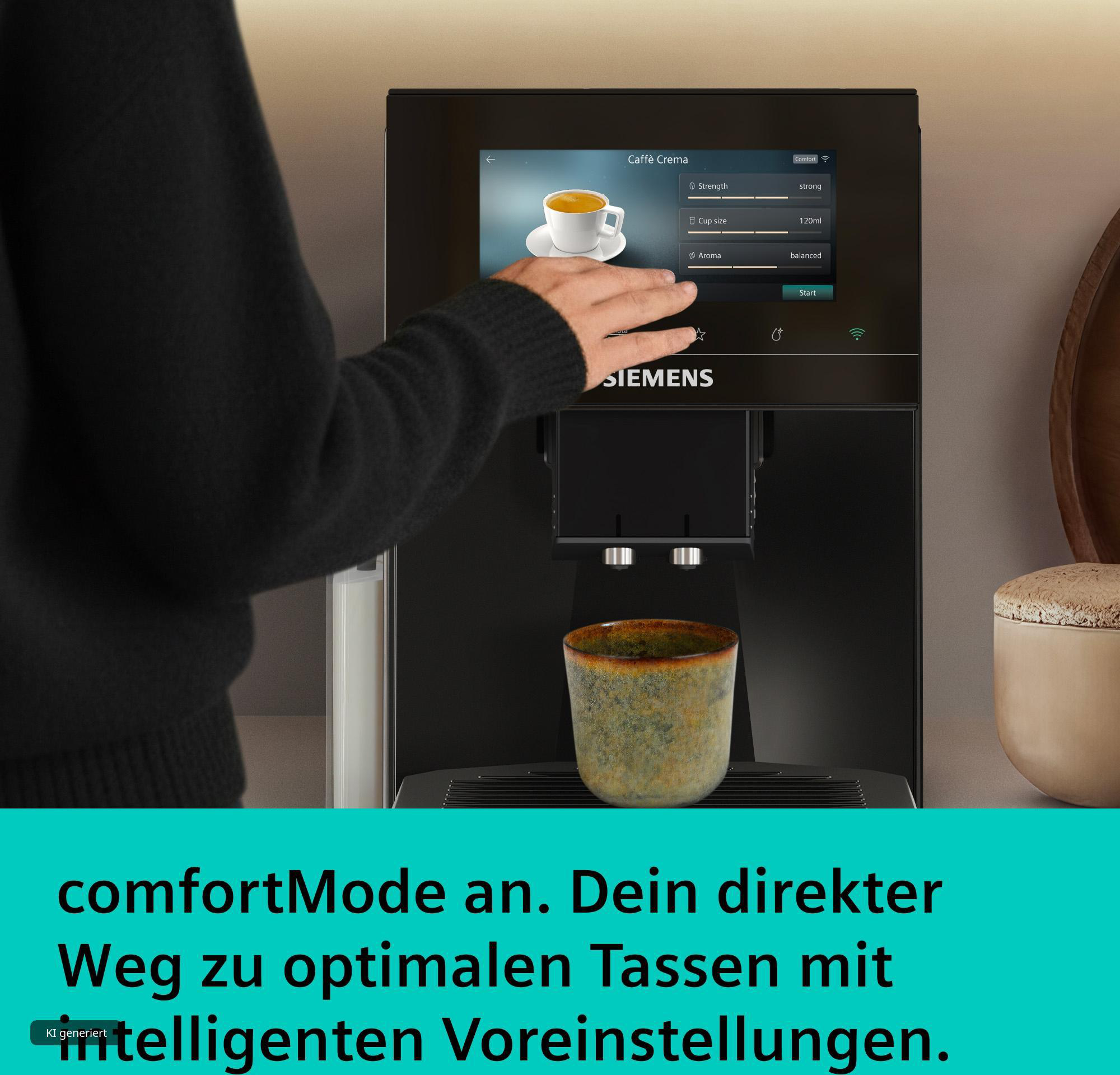 Eine Person bedient den Touchscreen eines schwarzen Siemens-Kaffeevollautomaten mit einer Tasse Kaffee darunter.