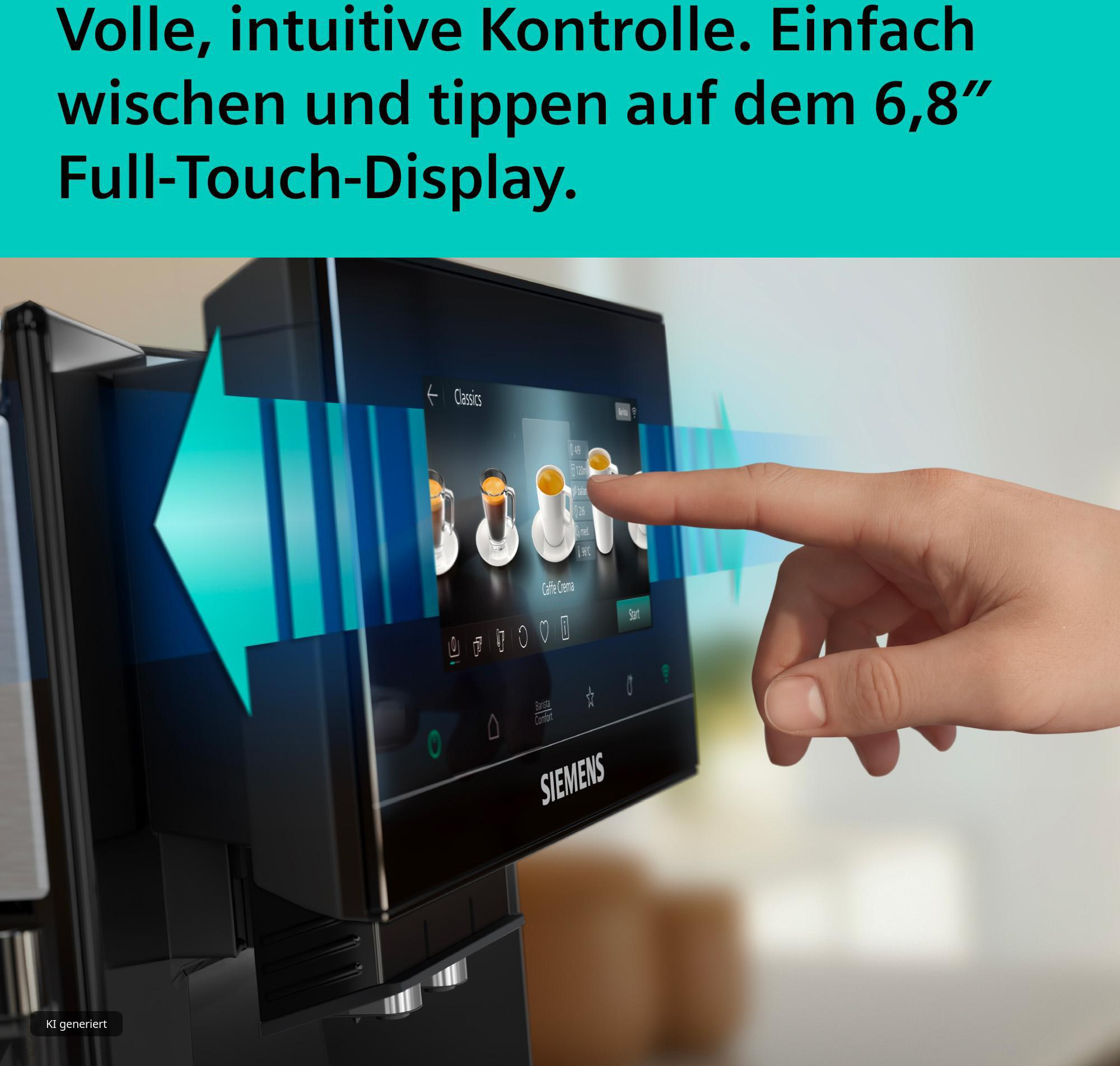 Hand bedient das Touch-Display einer Siemens Kaffeemaschine mit blauen Pfeilen.