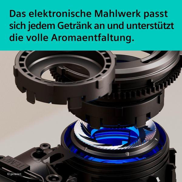 Ein zerlegtes elektronisches Mahlwerk mit blauer Beleuchtung und deutschem Werbetext.