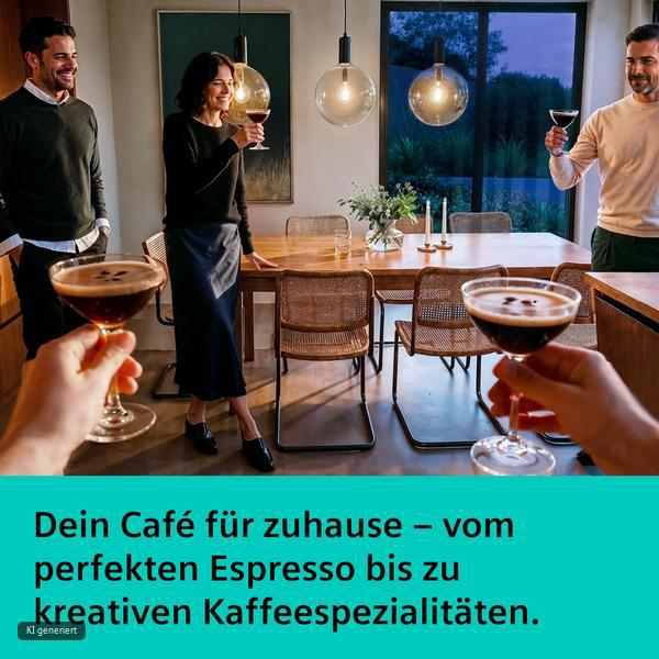 Vier Personen stoßen in einem modernen Esszimmer mit Kaffeecocktails an.