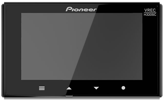 Fekete Pioneer VREC-H320SC fedélzeti kamera képernyő négy érintőgombbal alul.