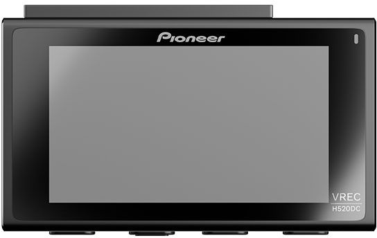 Fekete Pioneer VREC H520DC menetrögzítő kamera nagy képernyővel, logóval fent és típusnévvel jobb alul.