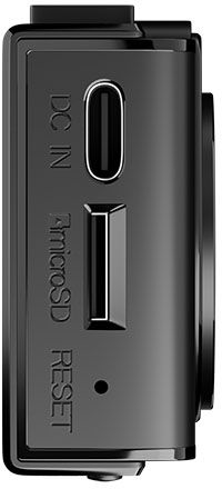 Fekete elektronikus eszköz oldalsó nézete DC IN porttal, microSD nyílással és reset gombbal.