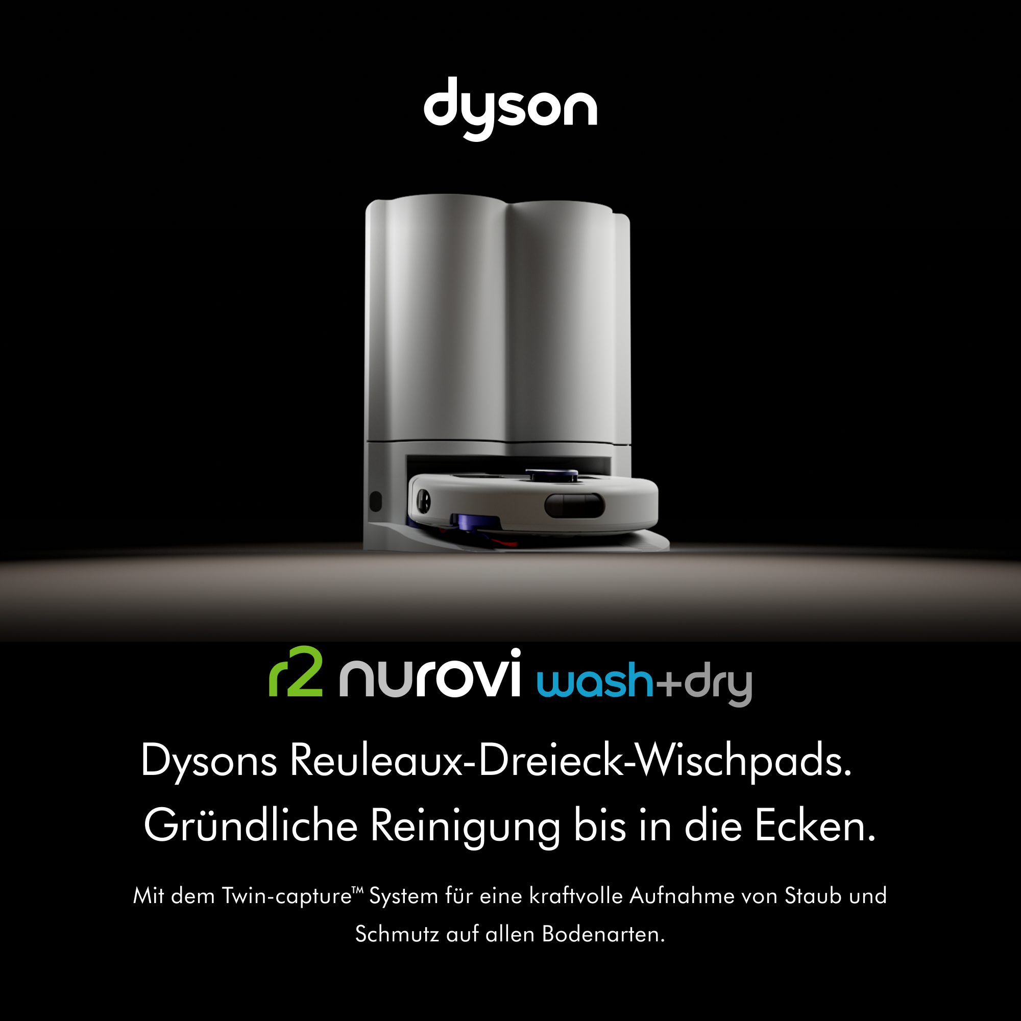 Dyson Saug- und Wischroboter in seiner Ladestation vor schwarzem Hintergrund mit Text.