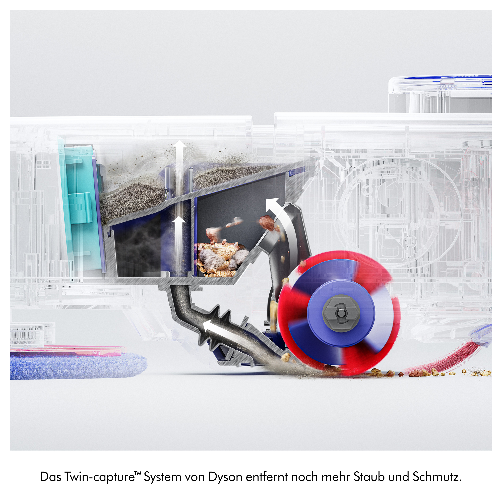 Querschnitt eines Dyson-Geräts zeigt die Funktionsweise des Twin-capture Systems beim Aufsaugen von Schmutz.