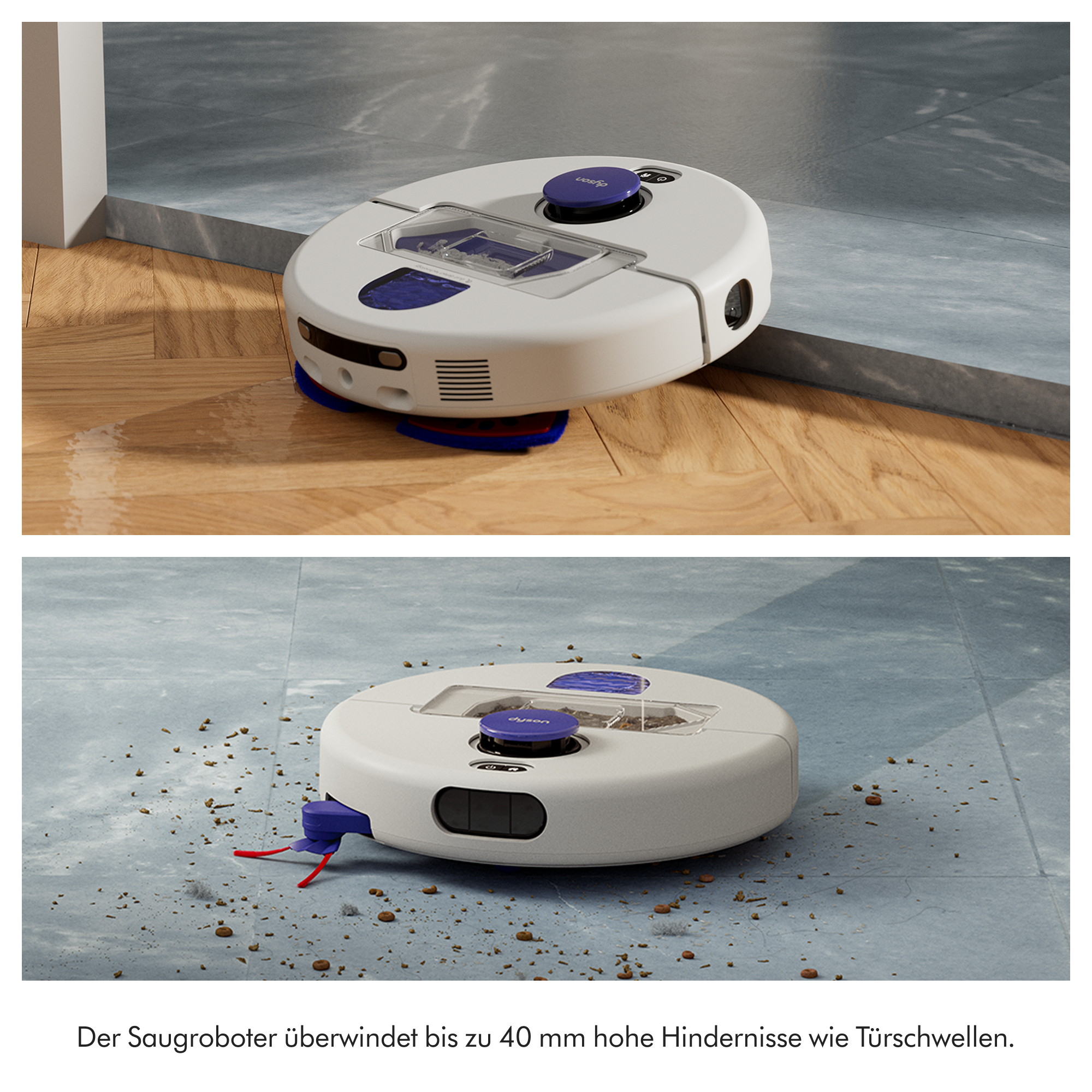 Ein weißer Saugroboter überwindet eine Türschwelle von Holz- auf Steinboden und reinigt dort Schmutz.