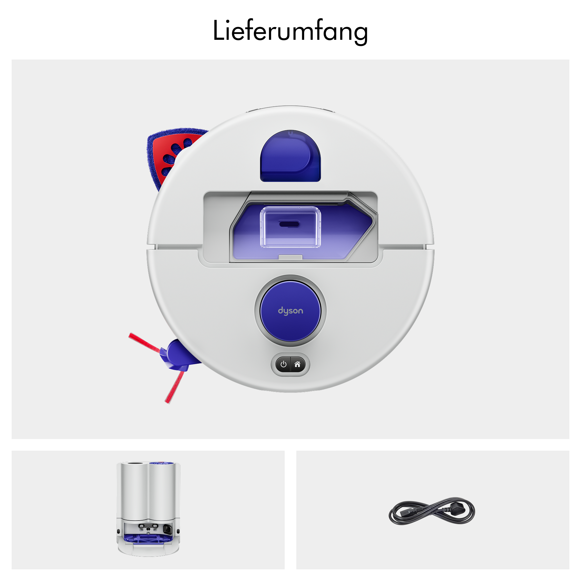 Dyson Saugroboter mit Dockingstation und Stromkabel.