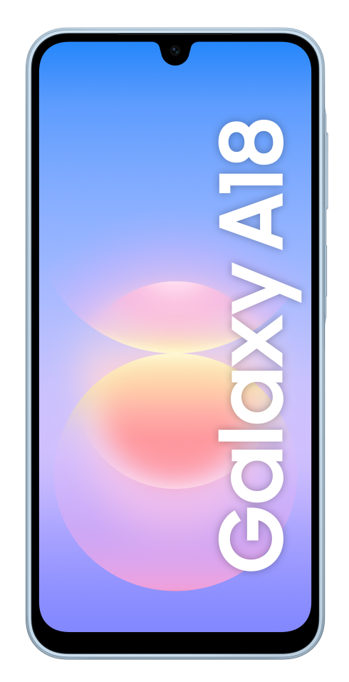 Smartfon Samsung Galaxy A18 wyświetla na ekranie napis Galaxy A18 na różowo-niebieskim tle.