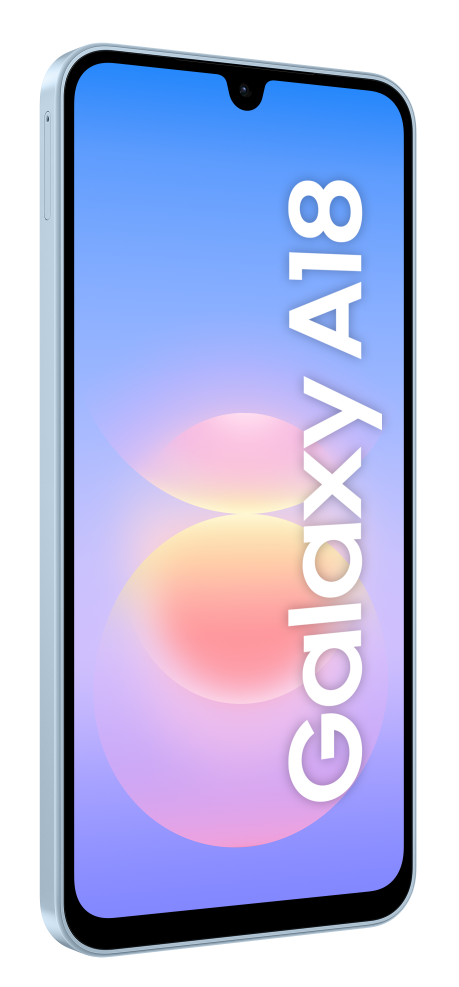 Jasnoniebieski smartfon wyświetla napis 'Galaxy A18' pionowo na kolorowym ekranie na czarnym tle.