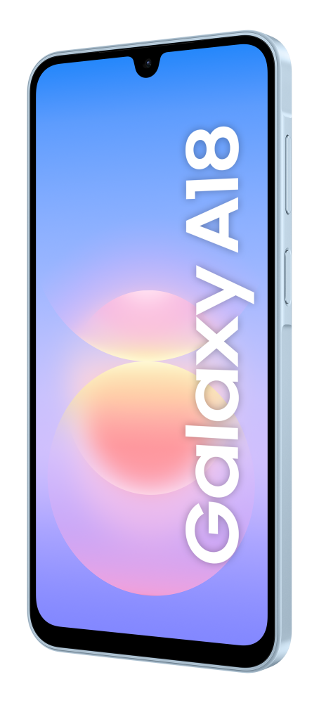 Smartfon Galaxy A18 na czarnym tle z kolorowym ekranem.