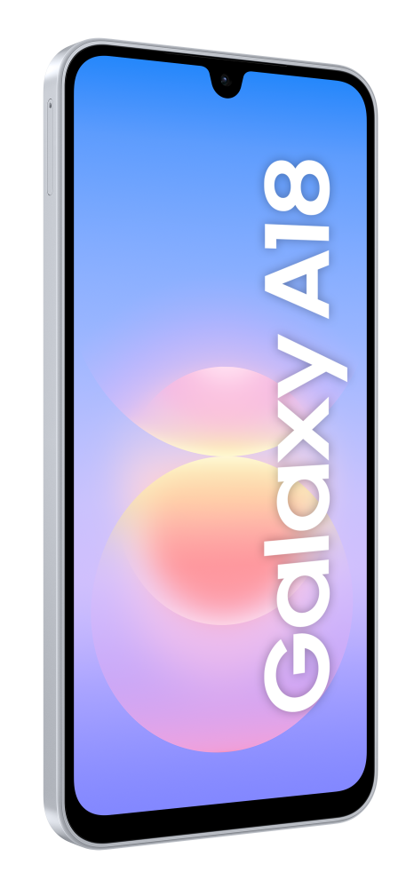 Biały smartfon wyświetla napisy Galaxy A18 na niebieskim ekranie na czarnym tle.