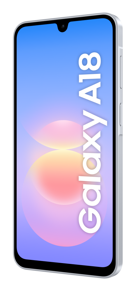 Biały smartfon wyświetla napis Galaxy A18 na niebiesko-różowym tle graficznym.
