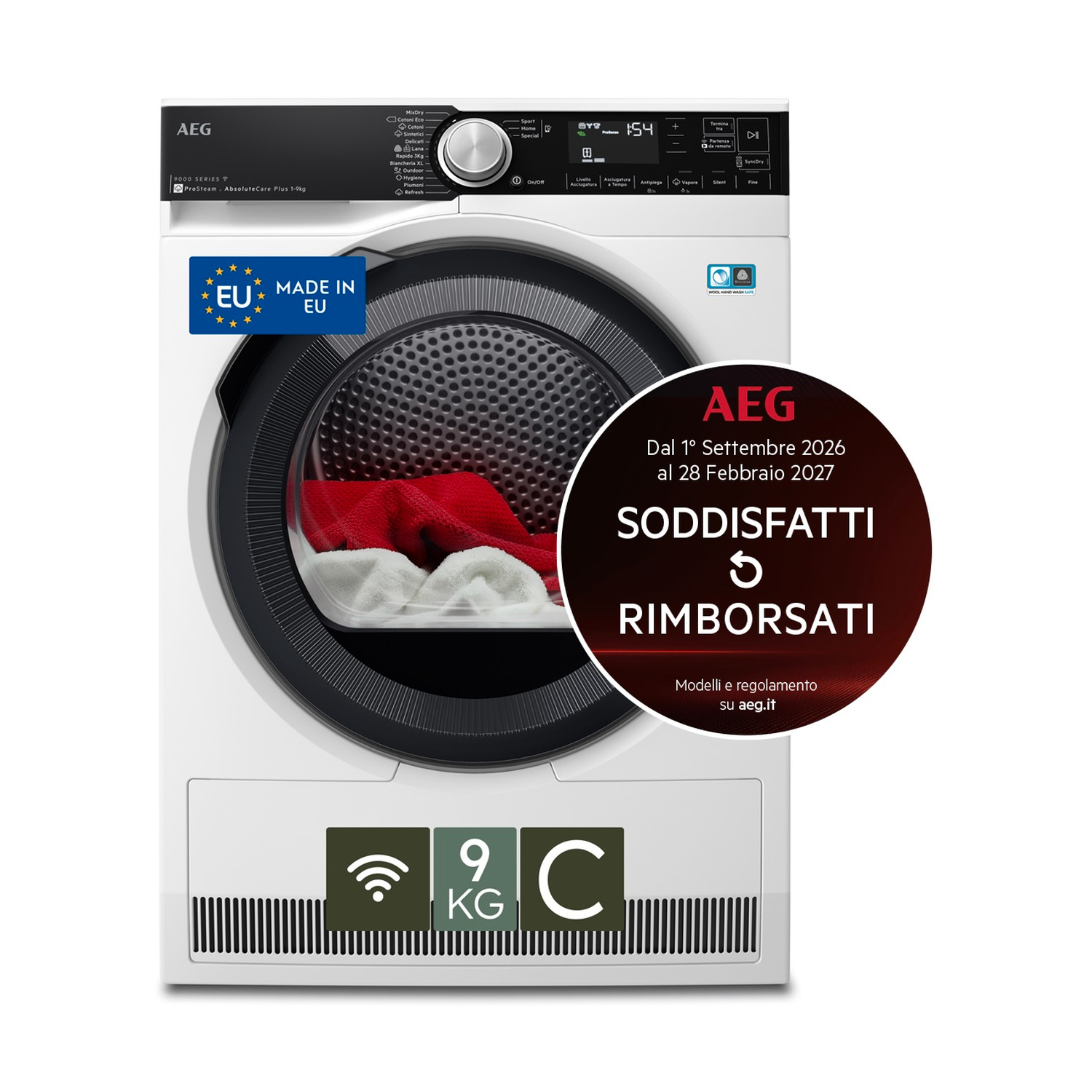 Asciugatrice bianca AEG 9000 con display, capacità 9 kg, bucato rosso e bianco all'interno e adesivi promozionali.