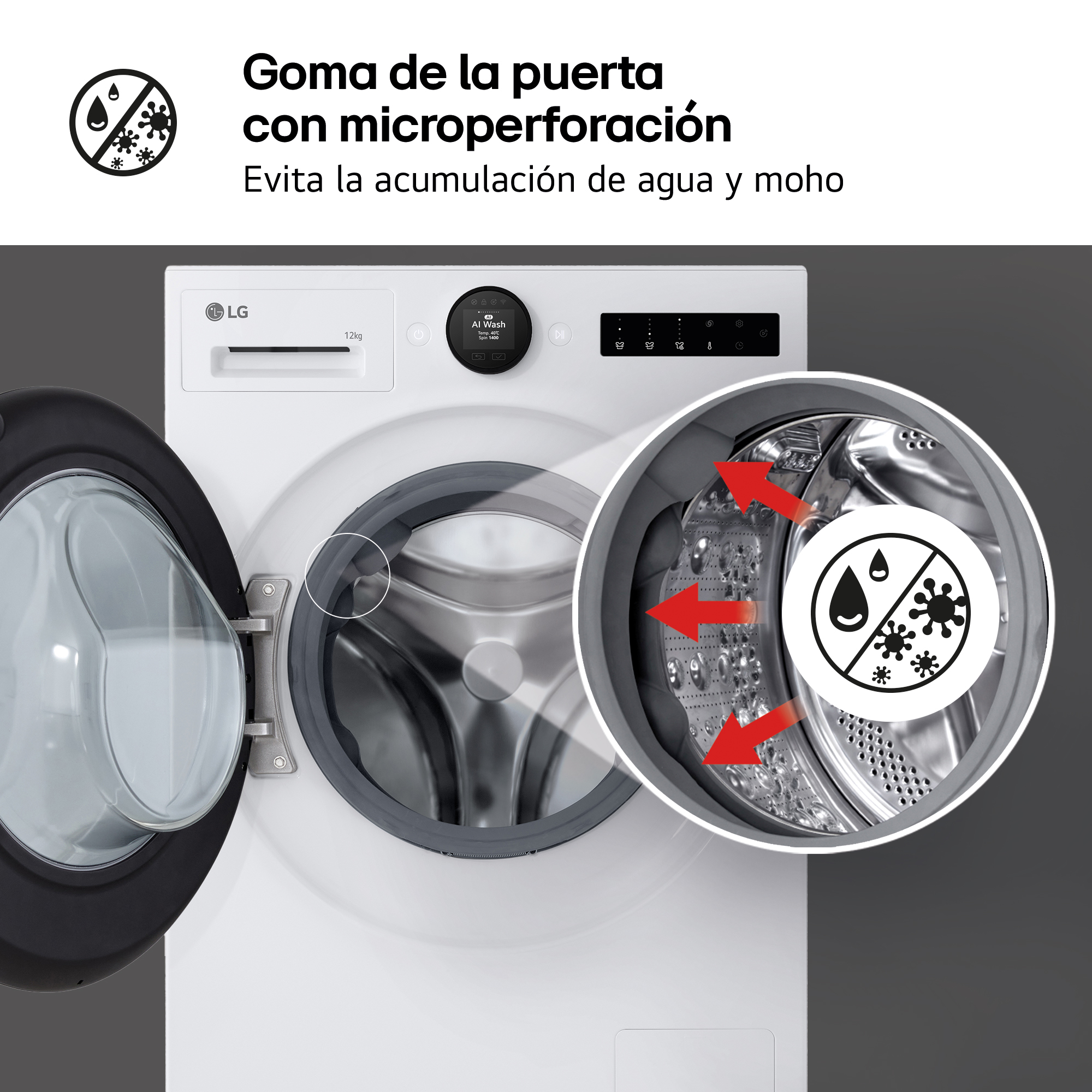Goma de puerta de lavadora con microperforaciones para evitar acumulación de agua y moho.