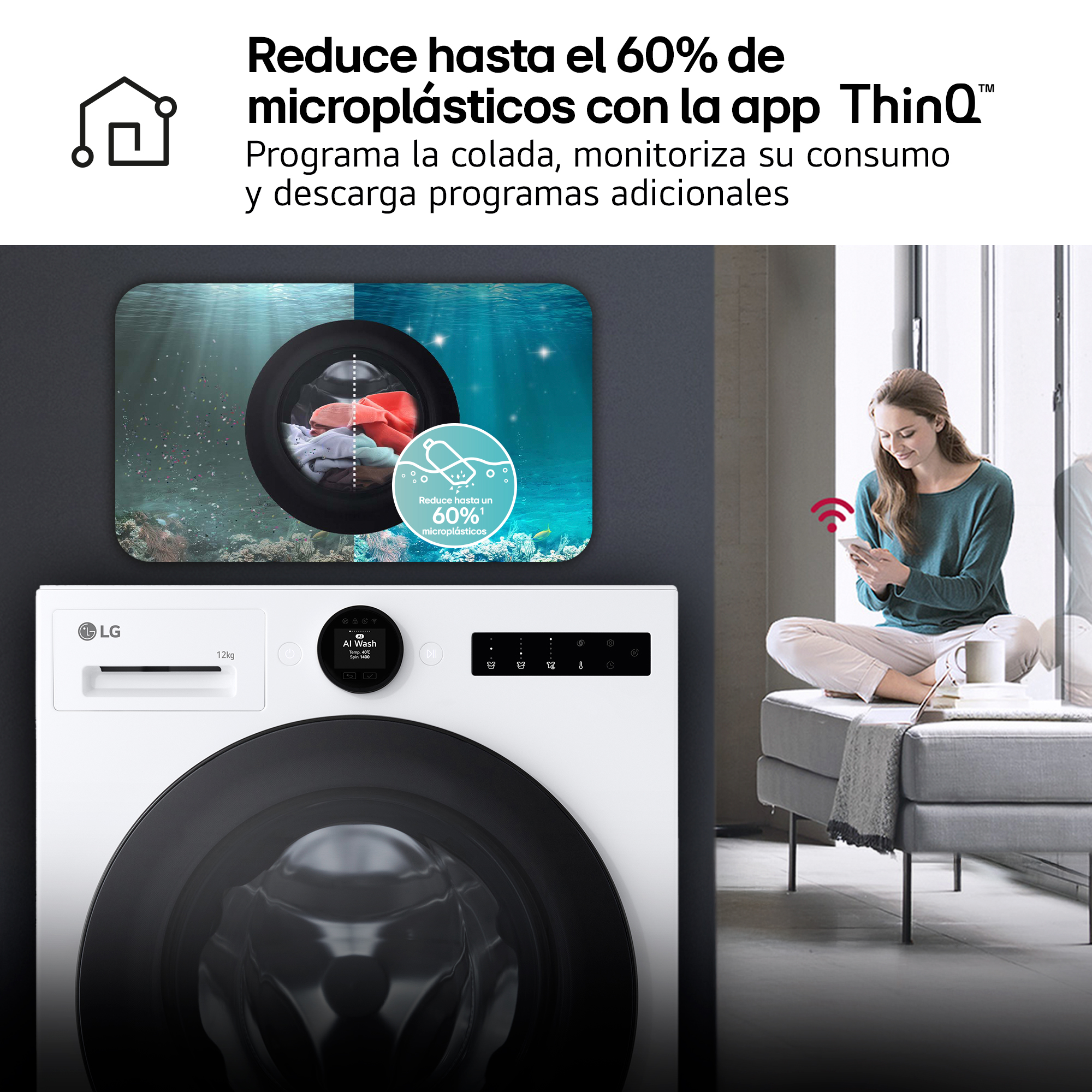 Mujer controla lavadora con la app ThinQ, reduciendo microplásticos.
