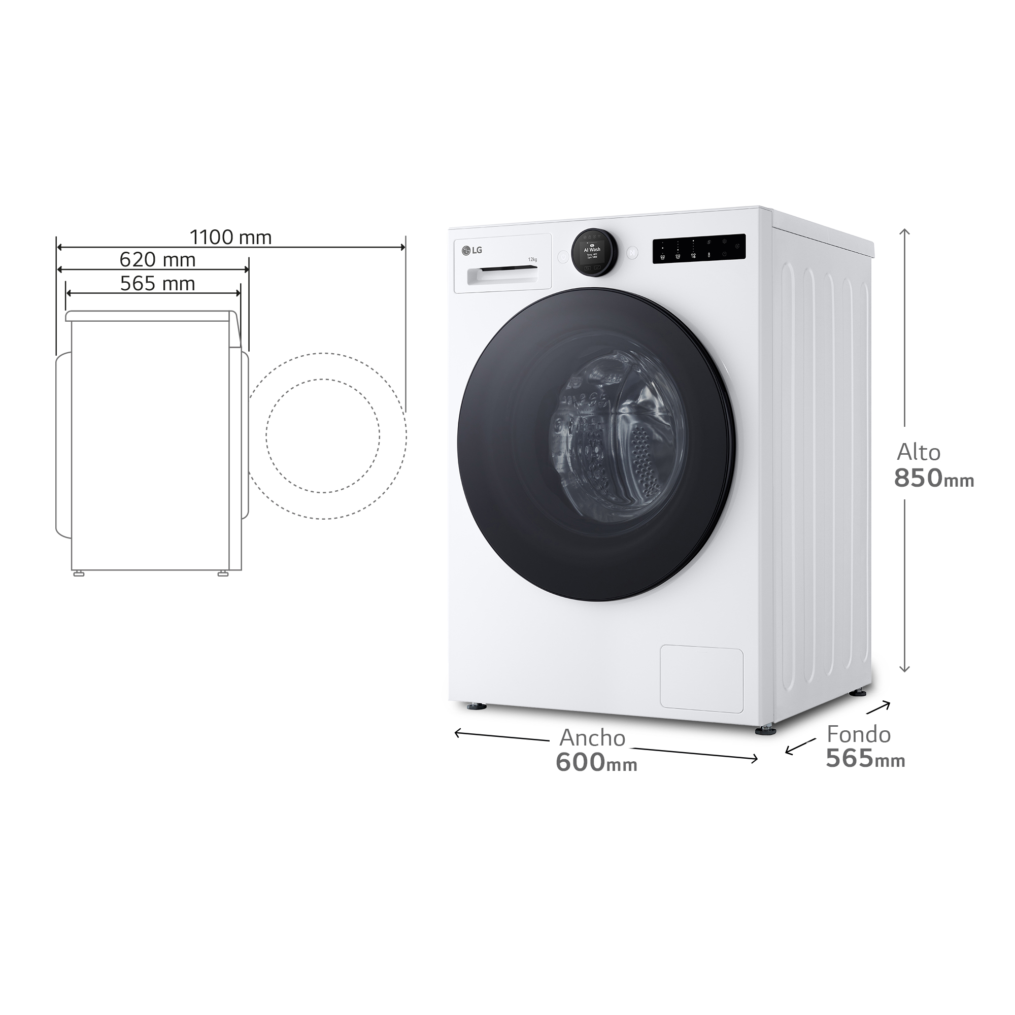 Lavadora LG blanca con dimensiones de alto, ancho, fondo y puerta abierta.