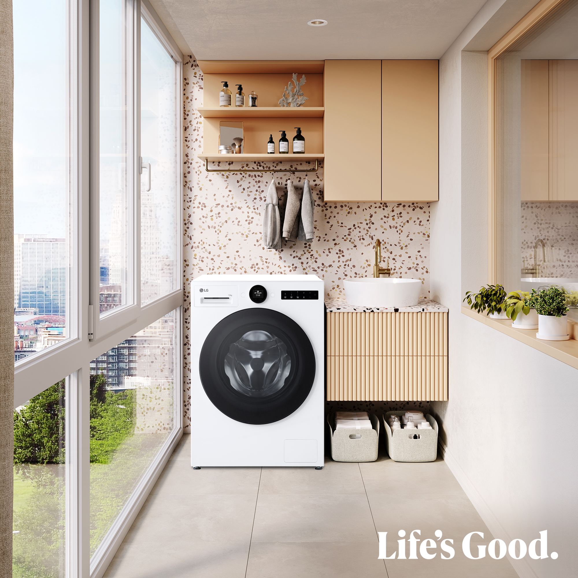 Moderno cuarto de lavado con lavadora blanca, lavabo, gabinetes de madera y grandes ventanas con vista a la ciudad.