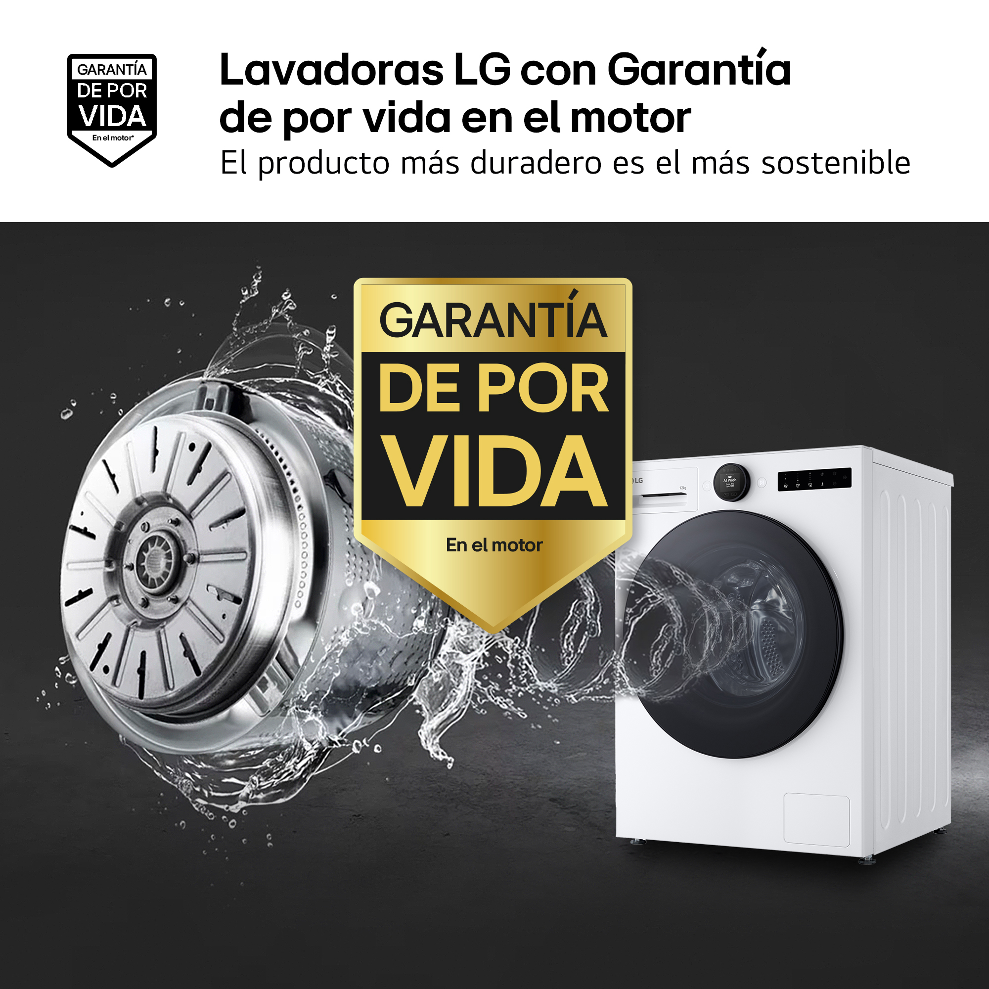 Lavadora LG con motor y texto de garantía de por vida.