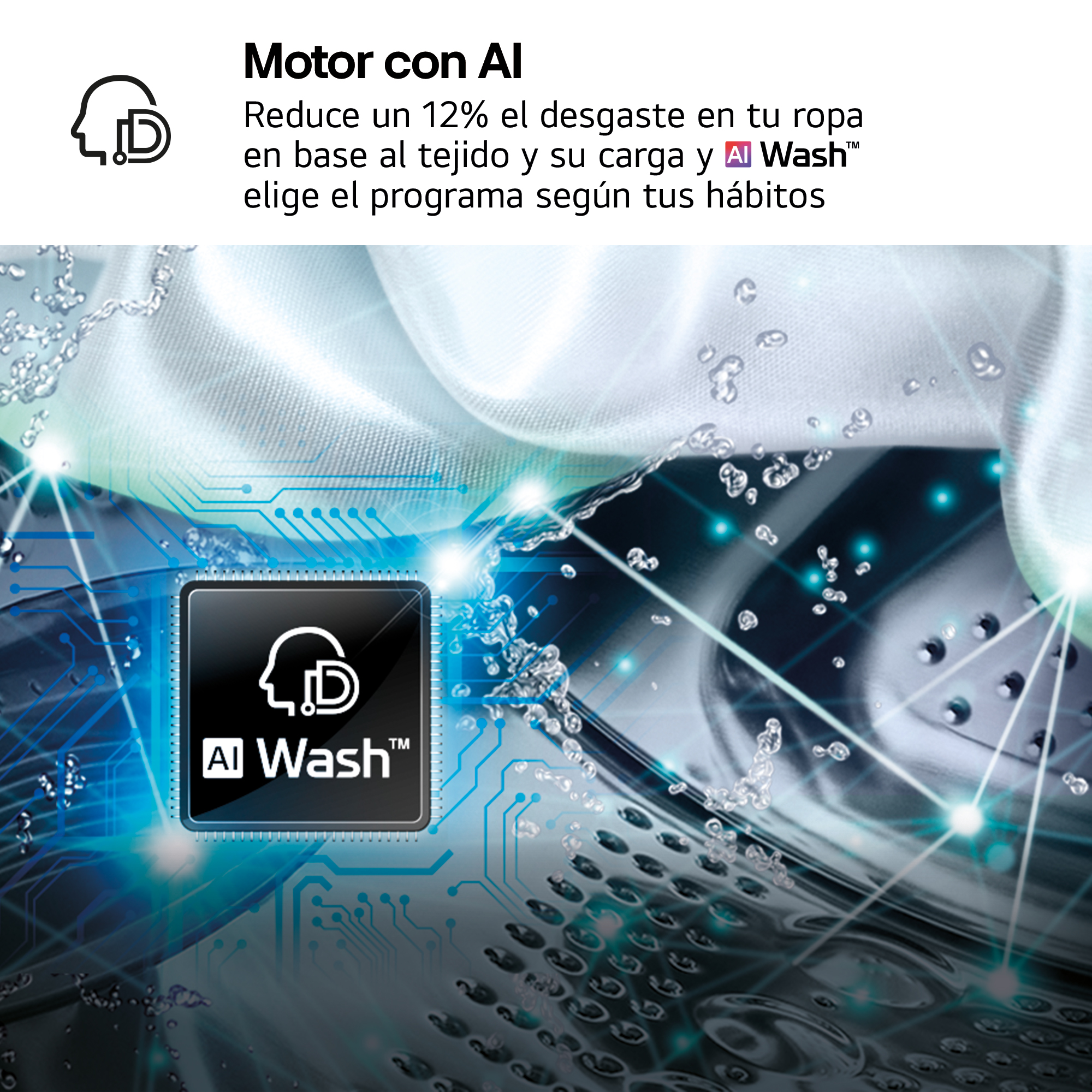 Lavadora con motor IA, detalles de tela, burbujas de agua y microchip AI Wash.